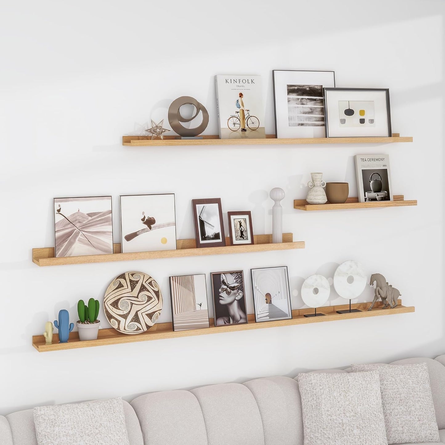 Solid Ash Wood Picture Ledge Shelf, 24 Inch Wood Floating Shelves with Lip Set of 2, Photo Ledge Shelf Nursery Bookshelf Wall Mounted for Living Room Bedroom Decor, Natural