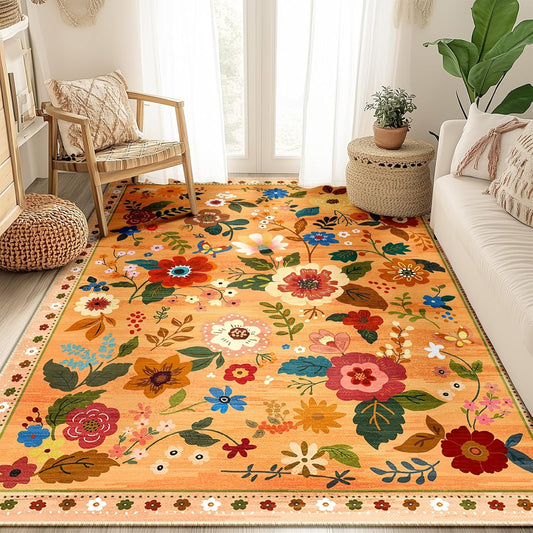 Floral 5x7 Area Rug Machine Washable Soft Print Boho Carpet Non Slip Doormat Low Pile Flower Area Rugs for Living Room Bedroom Nursery Kitchen Dining Room Indoor-Yellow/Orange
