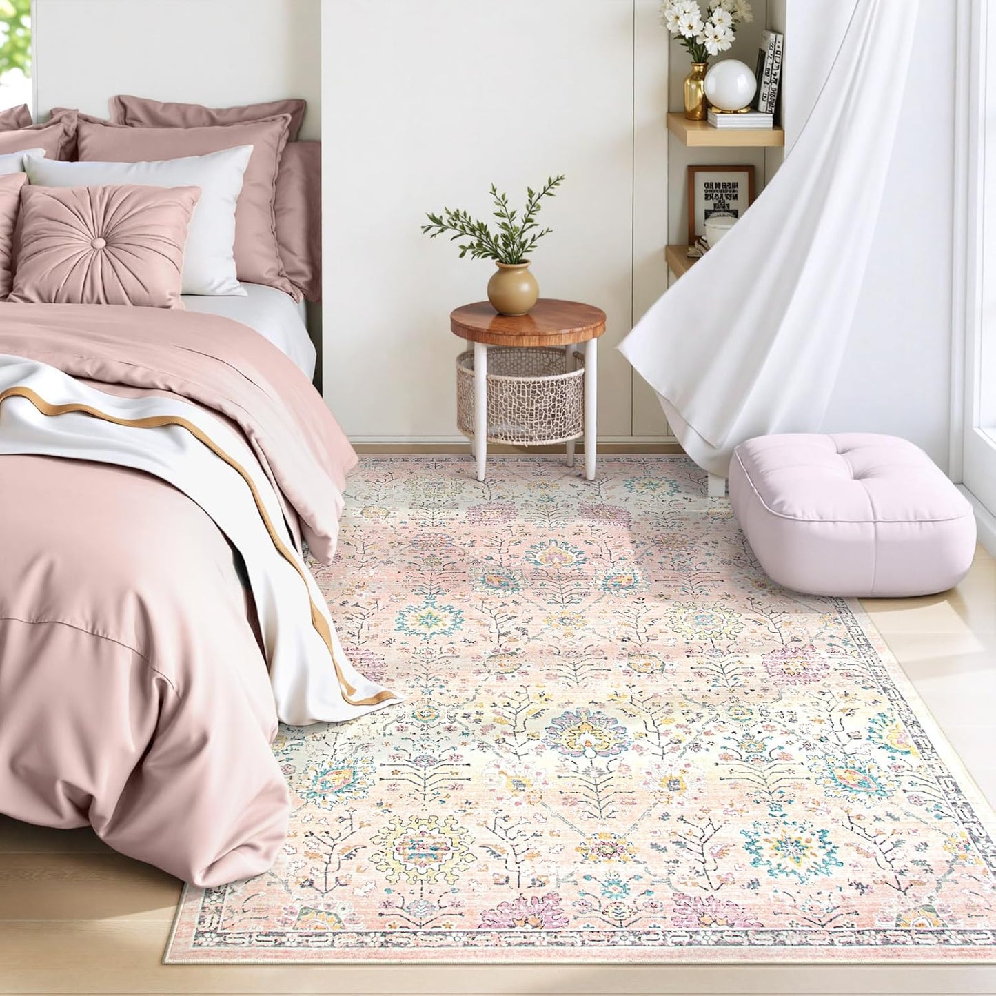 Lahome Pink Boho Area Rug for Nursery, 5x7 Washable Pink Rugs for Bedroom Girls Kids Room Living Room, Floral Pastel Carpet Non Slip for Classroom Playroom Dorm