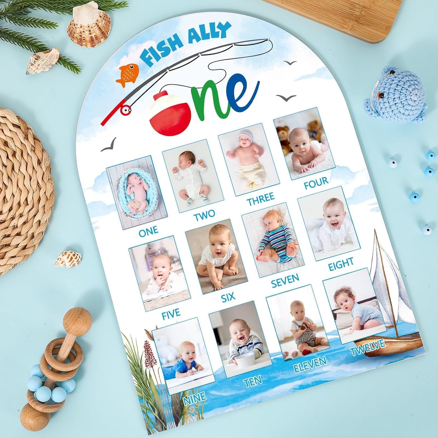 Ofishally One First Year Photo Board The Big One Fishing Birthday Decorations 12 Monthly Milestone Wood Picture Frame 1st Birthday Photo Banner for Baby Boys Keepsake Gift Gone Fishing Party Supply