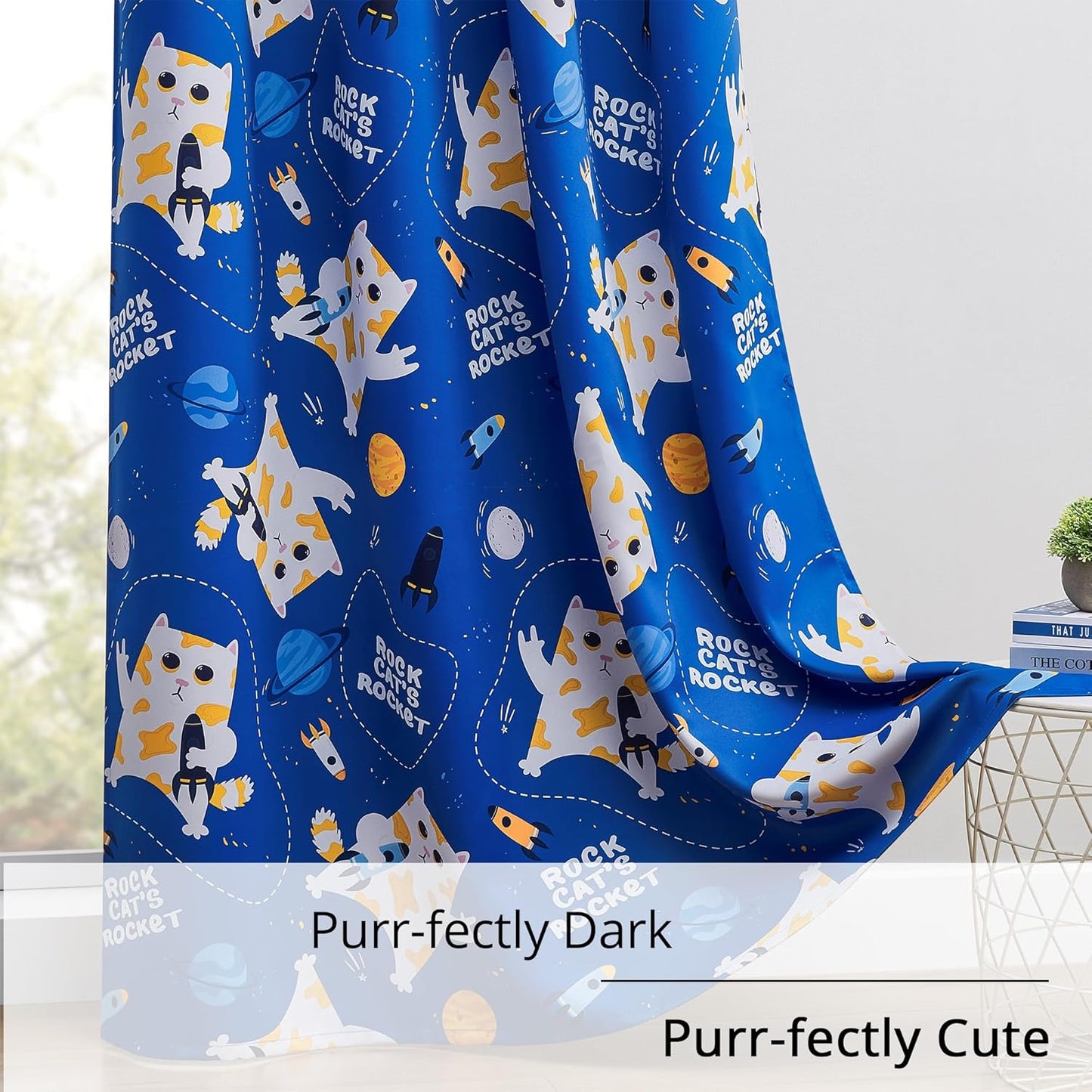 Kids Blackout Curtains - Space Cat Design, 100% Blackout, 2 Panels, Each W52×L63, Thermal Insulated Curtains for Bedroom, Noise Reducing, Combine Functionality with a Fun and Creative Design