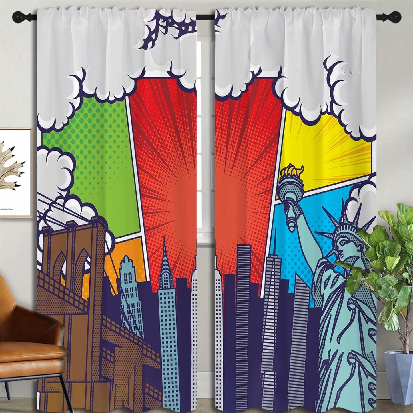 City Rod Pocket Blackout Curtains for Boy Girl Bedroom, Pop Art Style New York Cityscape Thermal Insulated Home Window Drapes for Living Room Darkening, 84x72 inch