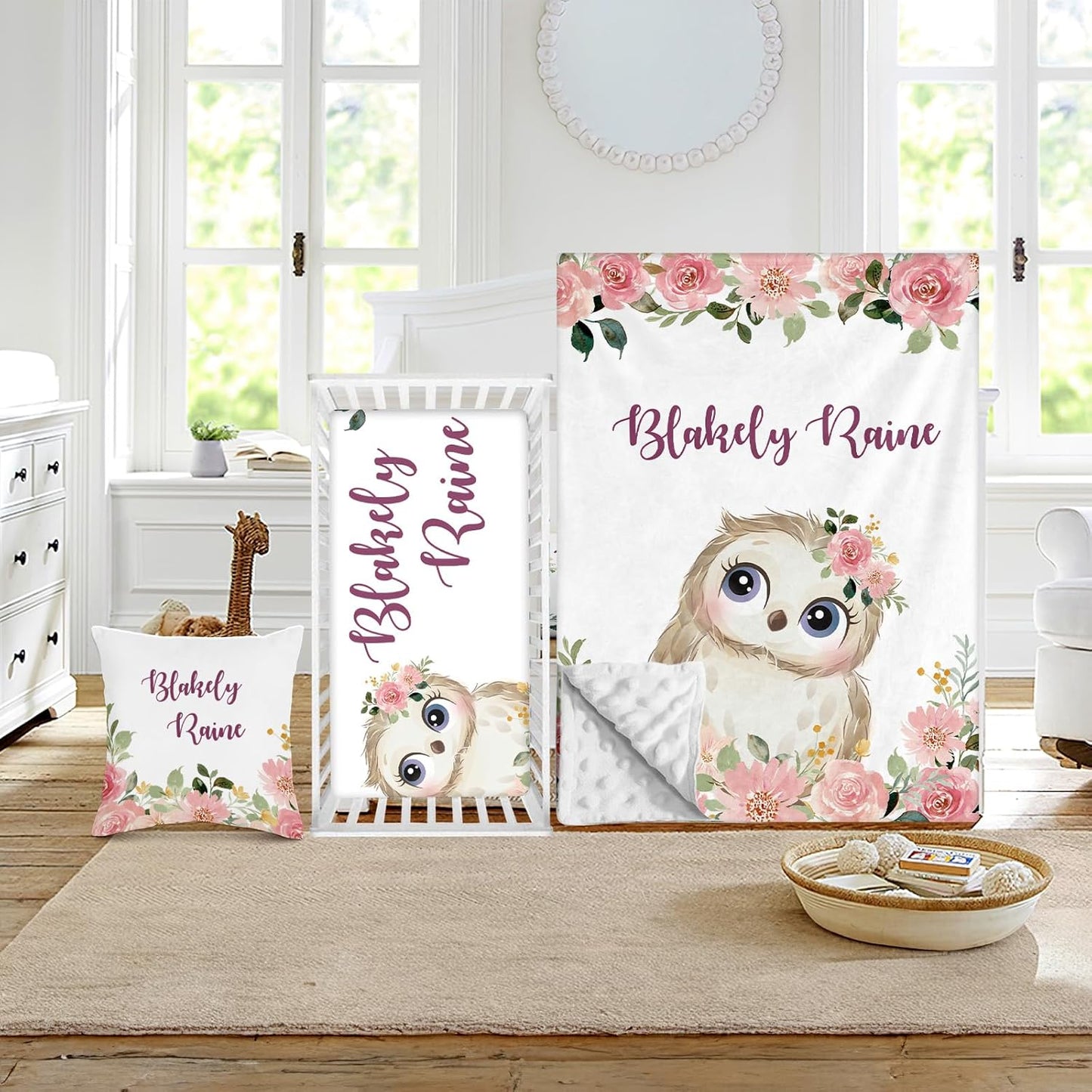 Custom Crib Bedding Set - Owl Design Personalized Name Baby Nursery Bed 3 Pcs Set - Chic Soft Blanket with Dotted Backing, Sheet, Pillowcase for Newborn Girls Boys Gifts Color21