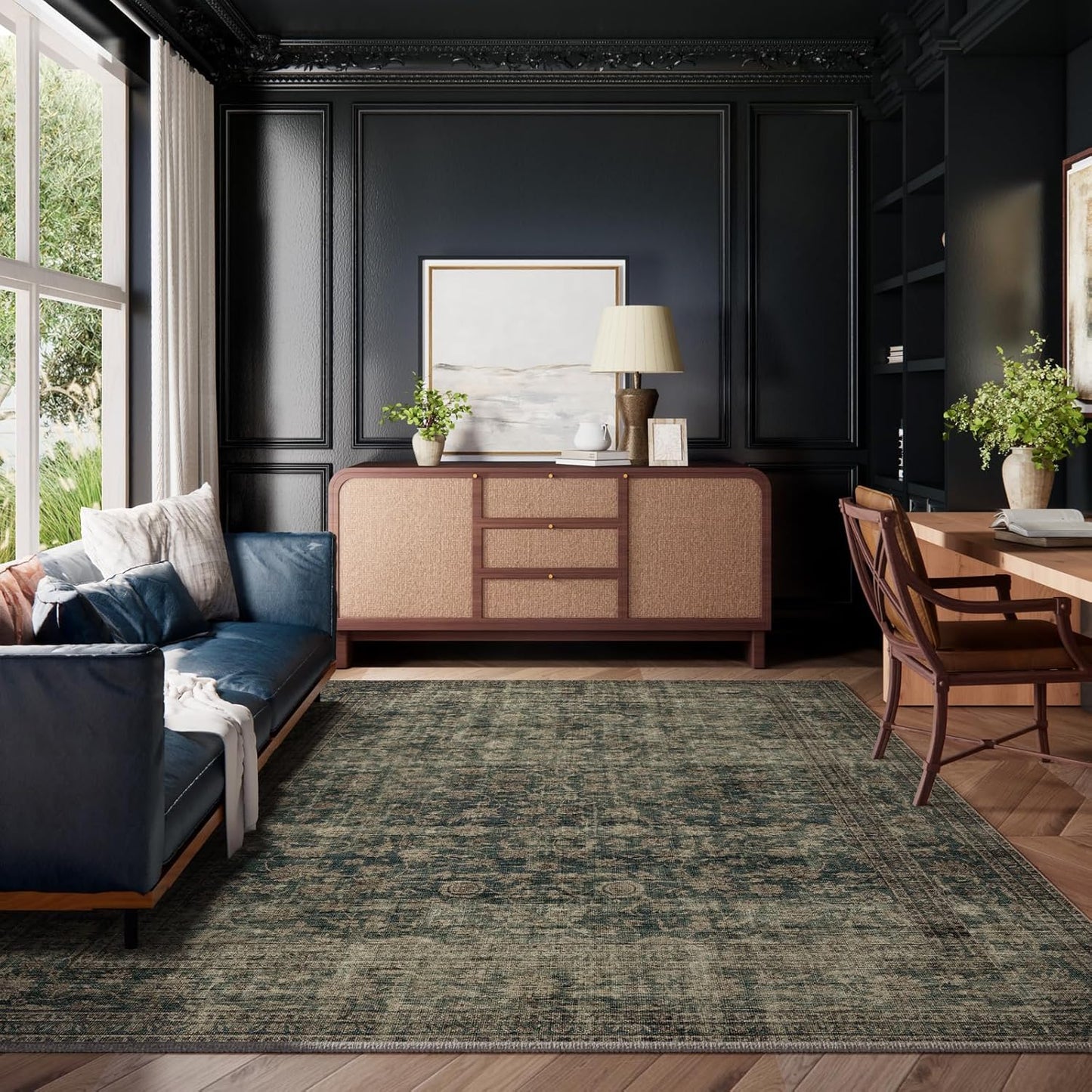 Washable Living Room Area Rug: 6x9 Area Rugs for Bedroom Vintage Stain Resistant Non Slip Low Pile Lightweight Boho Carpet for Kitchen Dining Room Farmhouse Kids Room Nursery