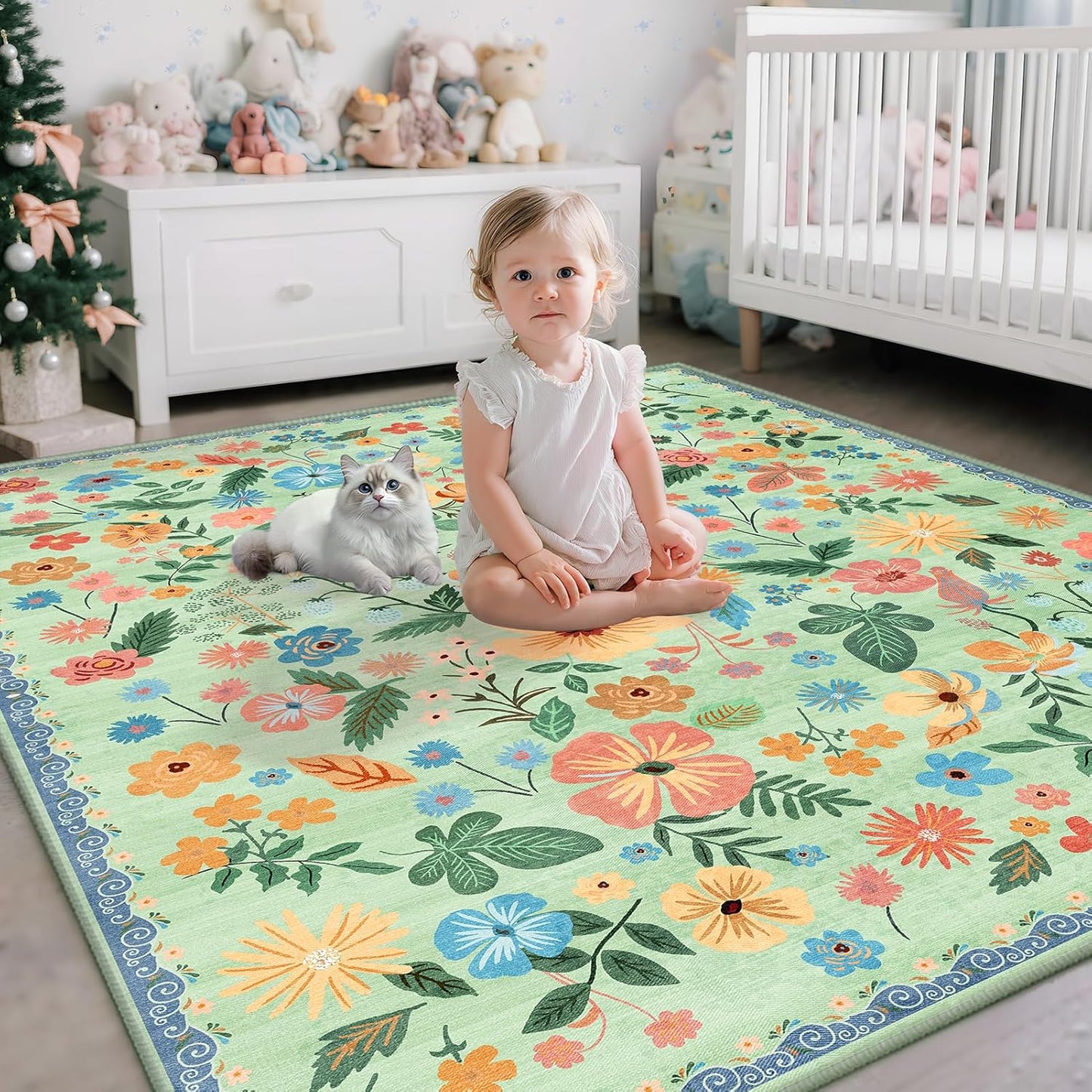 Farmhouse Rugs for Living Room 5x7 Sage Green Floral Faux Fur Low Pile Non Slip Washable Botanical Area Rug Stain Resistant Soft Vintage Carpet Rug for Bedroom Office Dining Room Kids Playroom Spring