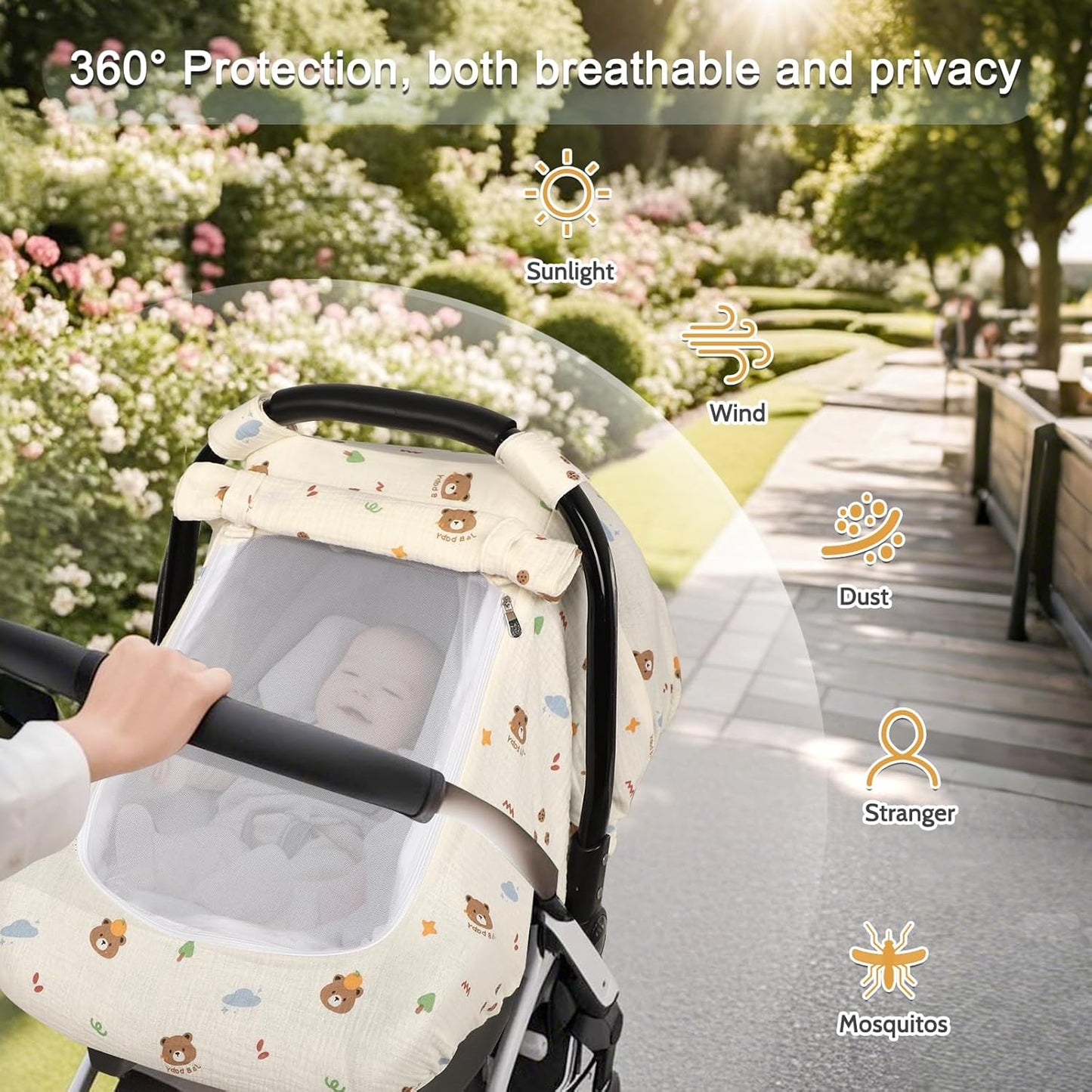 Hooyax Muslin Car Seat Cover Baby - Breathable and Privacy Car Seat Canopy with 3 Modes - Easy Install & Gift Box Packaging, Universal Fit for Infant Car Seats, Bear