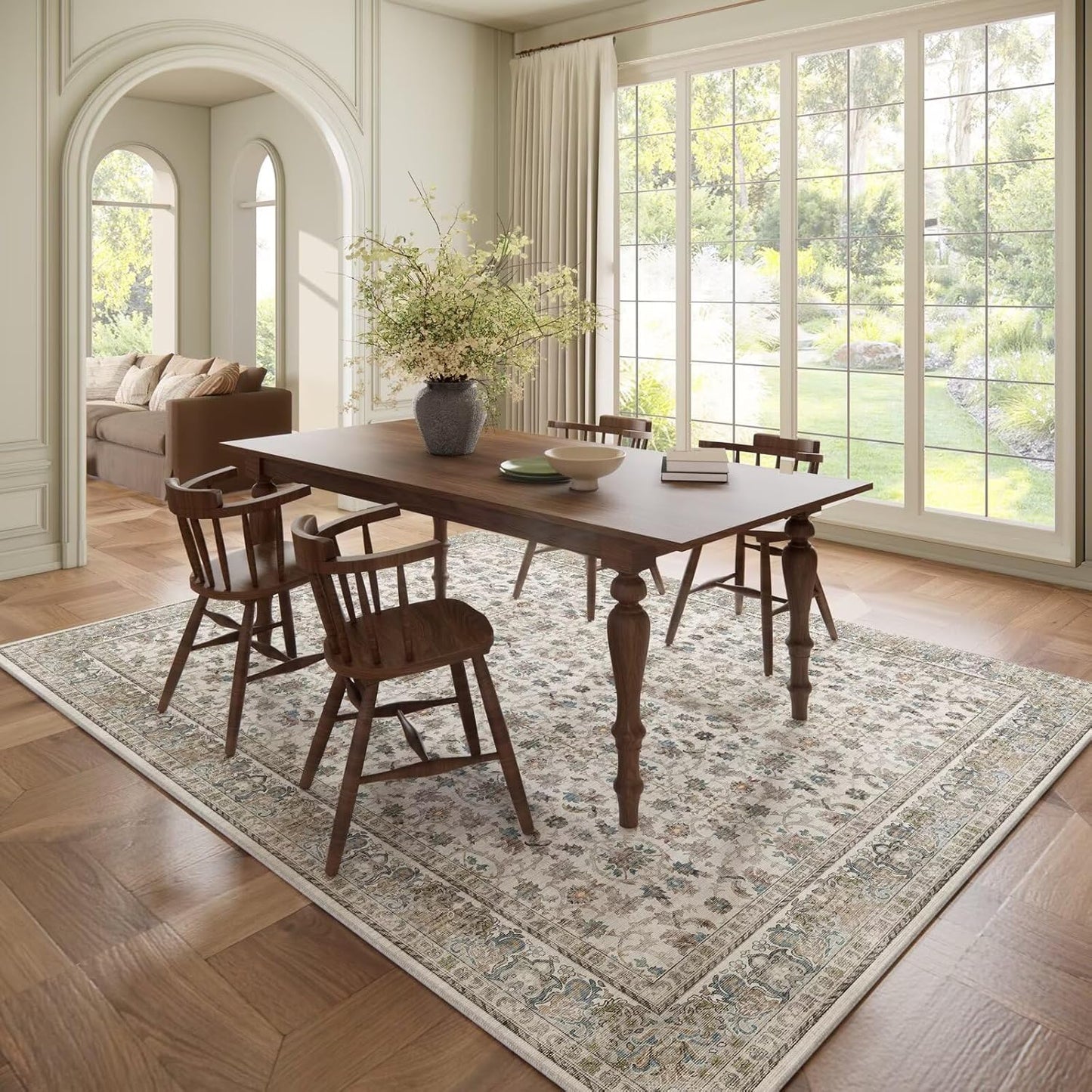 Washable 6x9 Area Rugs for Living Room, Boho Non-Slip Silicone Backing Large Rugs for Bedroom Dining Room Nursery Office, 0.3" Neutral Oriental Throw Carpet with 0.16" Cushioning Pad, Cream/Multi