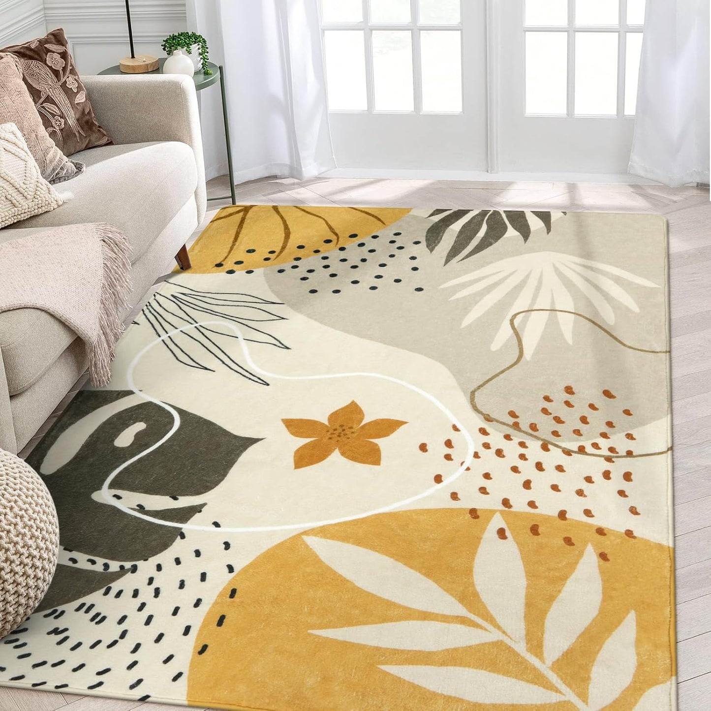 Lahome Boho Rug for Living Room - 5 x 7 Area Rugs Washable Non-Slip Soft Bedroom Carpet Ultra-Thin Throw Tan Dining Room Rug, Botanical Print Indoor Modern Floral Rug for Office Nursery Kids Room