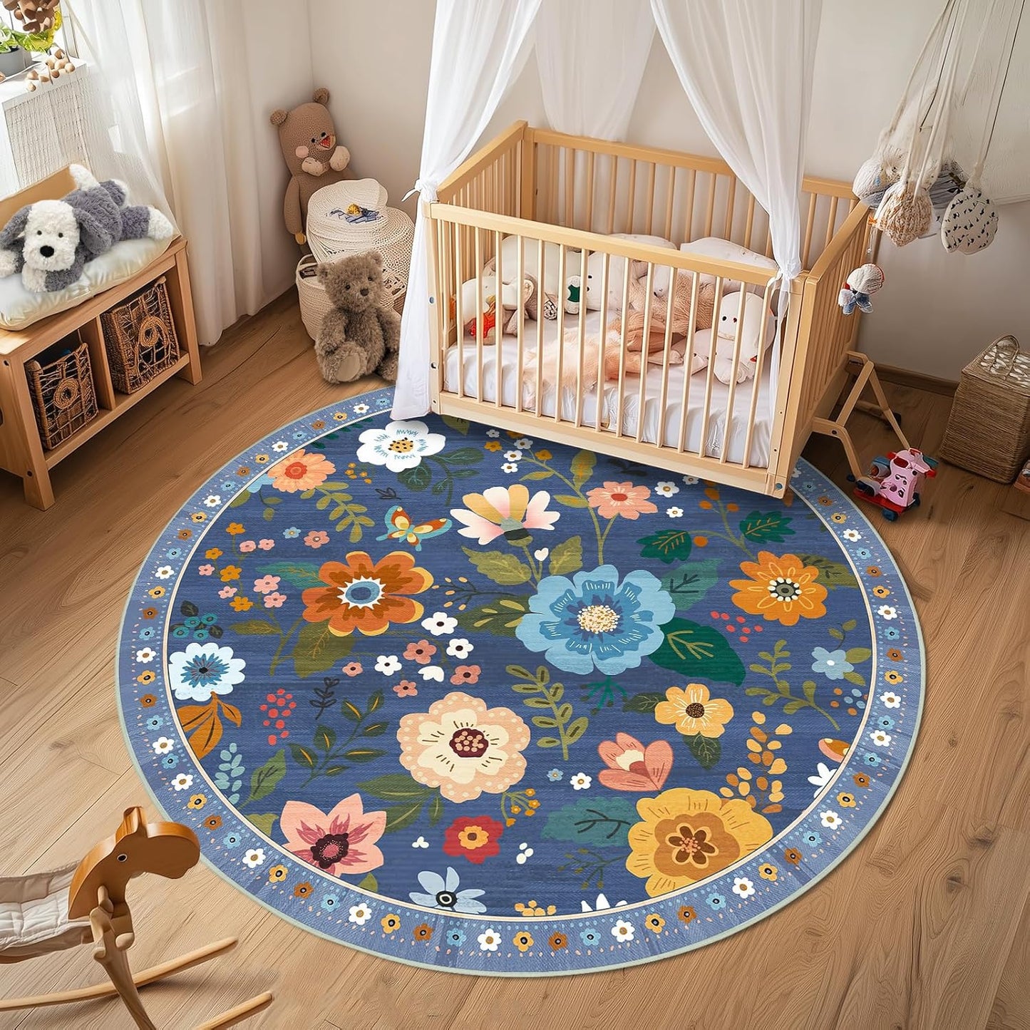 Floral 6ft Area Rug Machine Washable Soft Print Boho Carpet Non Slip Doormat Low Pile Flower Area Rugs for Living Room Bedroom Nursery Kitchen Dining Room Indoor-Blue/Grey