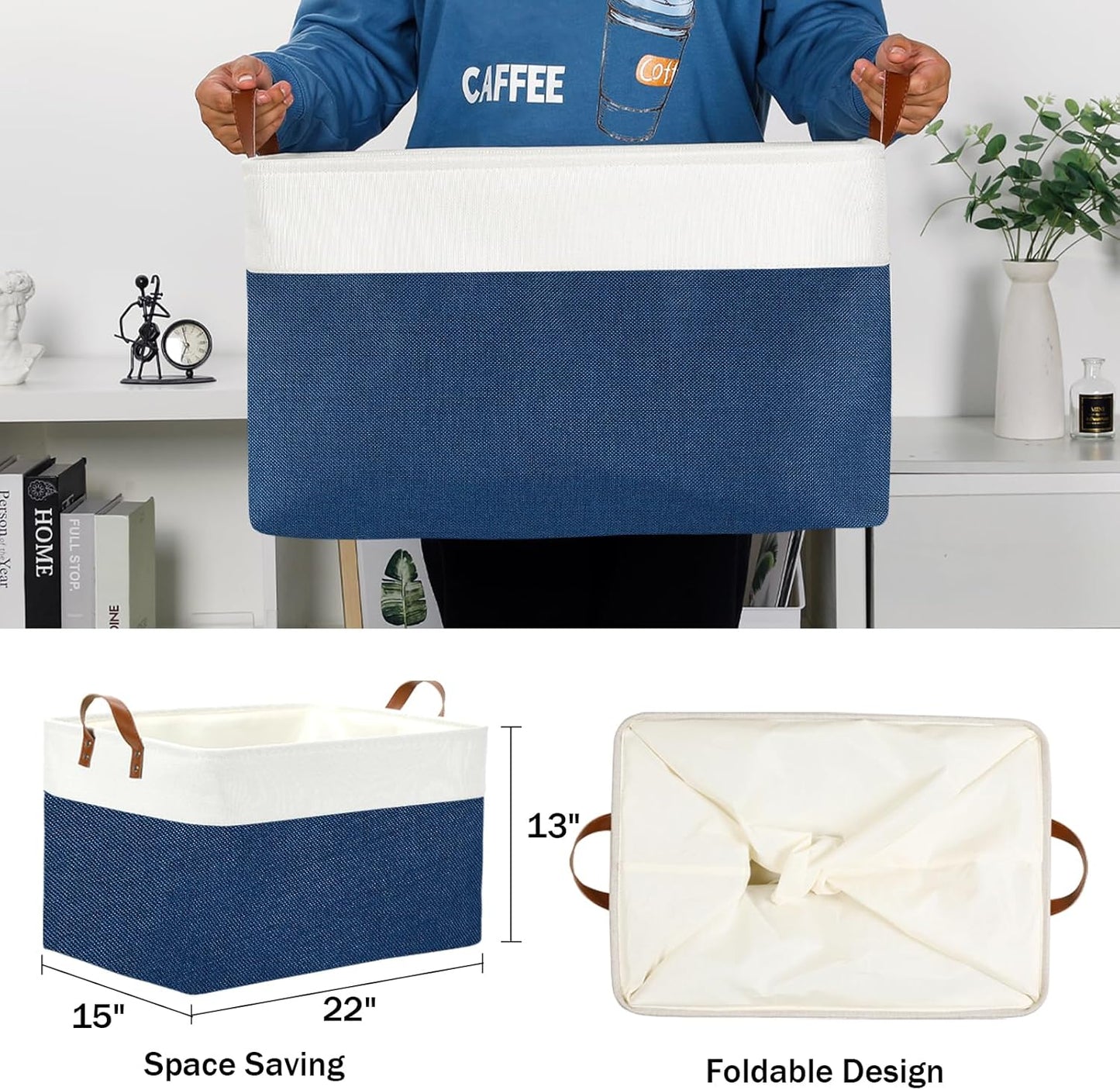 DULLEMELO 2-Pack Extra Large Blanket Basket Fabric Storage Baskets with Handles, Canvas Storage Baskets for Organizing Shelves Closet Toys Books, 22 x 15 x 13 inches(White&Blue)