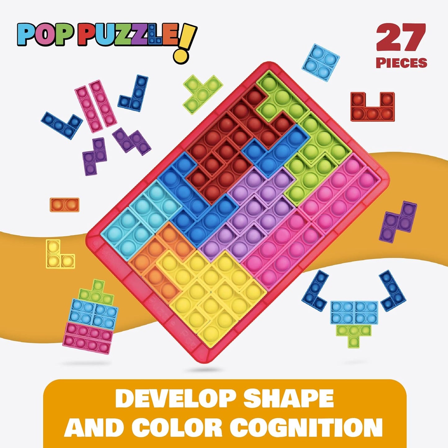 Power Your Fun Pop Puzzle Popper Fidget Game - 27pc Jigsaw Puzzle Game Pop Push It Bubble Sensory Fidget Toys for Learning, Stress Relief Silicone Pop Puzzle Game Board for Kids and Adults (Red)