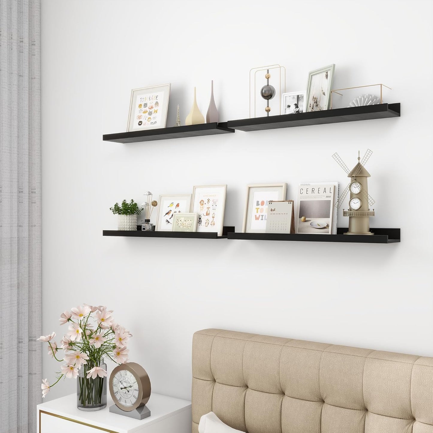 Picture Ledge Shelf, Wood Floating Shelves Set of 4, 24 inch Picture Ledge Shelves, Photo Ledge Nursery Book Shelves Wall Mounted for Living Room Kids' Room Bedroom, Color Black