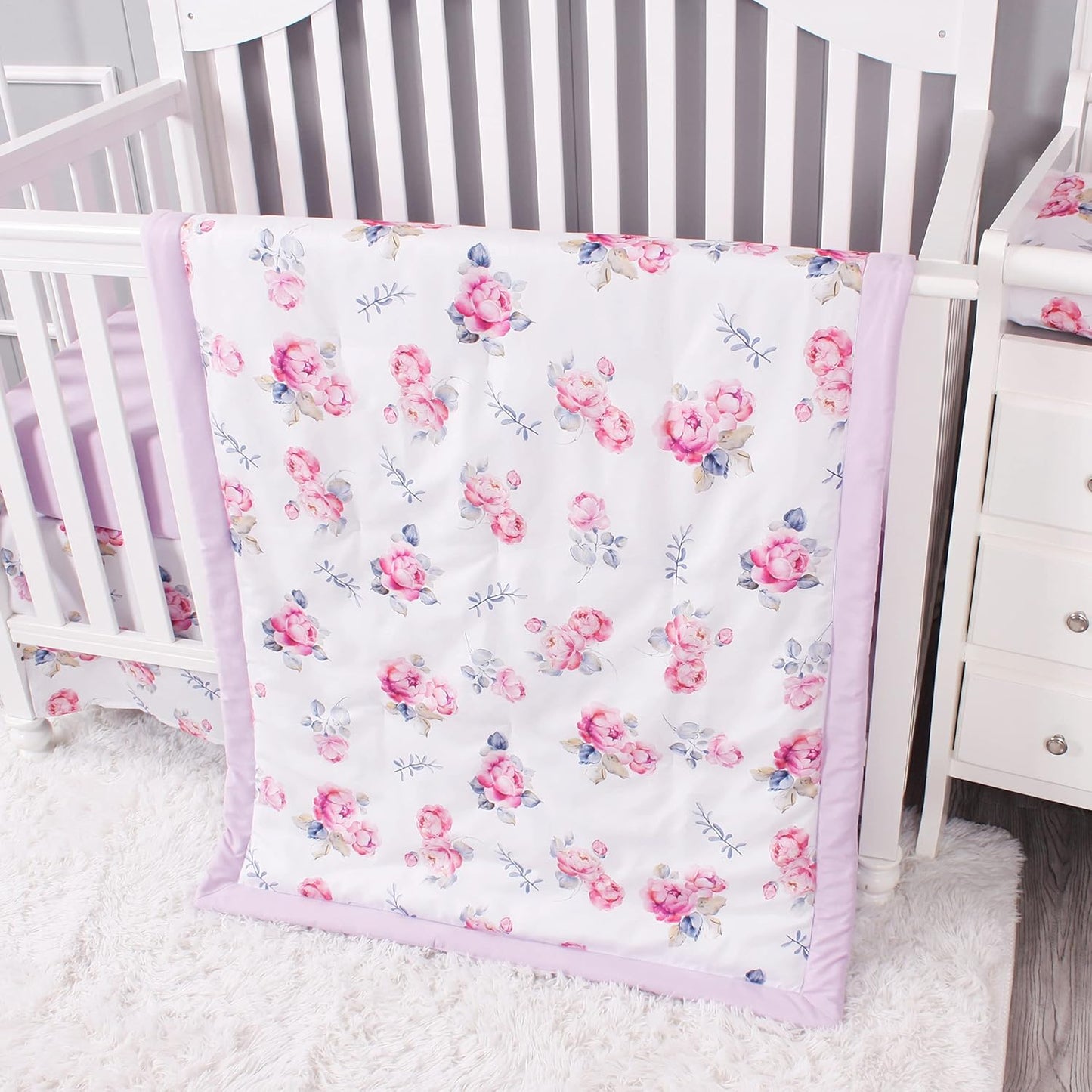 Belsden Floral 3 Piece Crib Bedding Set for Baby Boys Girls, Classic Nursery Bedding Essential Including Comforter, Crib Sheet and Crib Skirt, Ultra Soft Cozy, Floral Purple