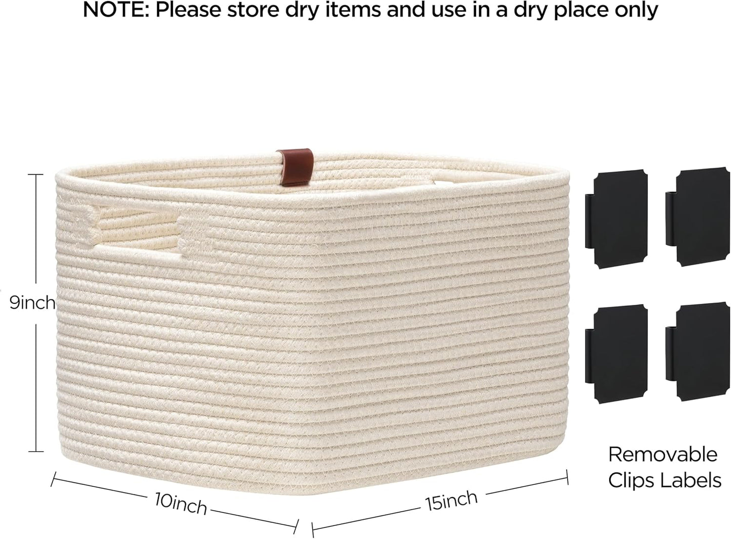 UBBCARE 4 Pack Baskets for Organizing, Woven Storage Baskets with Label for Toys and Towel, Rectangle Cotton Rope Basket with Handles, 15''L x10''W x9''H, Off-White