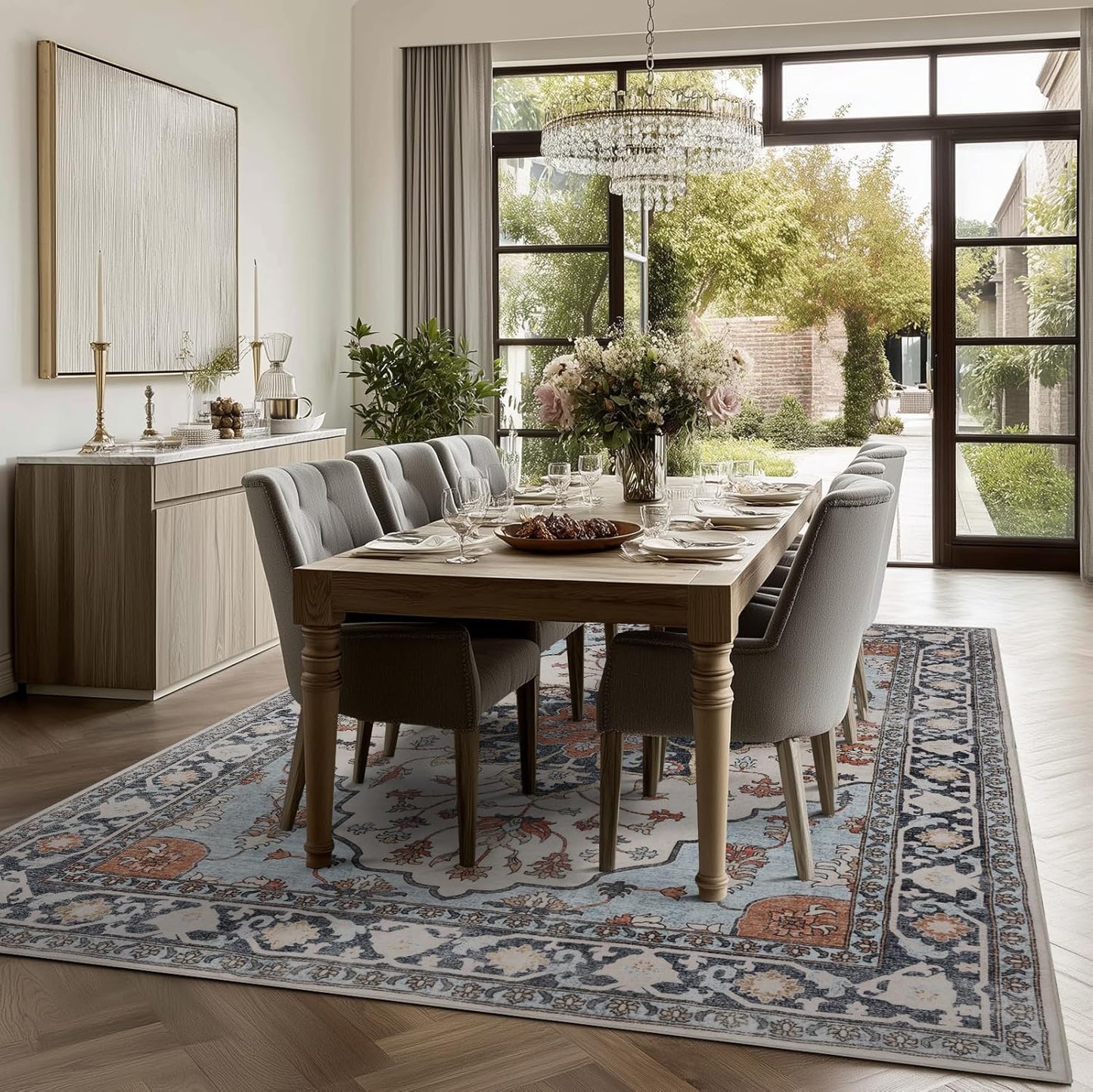9x12 Area Rug Living Room Rugs, Stain Resistant Washable Rug, Vintage Large Non-Slip Backing, Low Pile Lightweight Print Rug for Bedroom Dinning Room Home Office (Blue/Gray)
