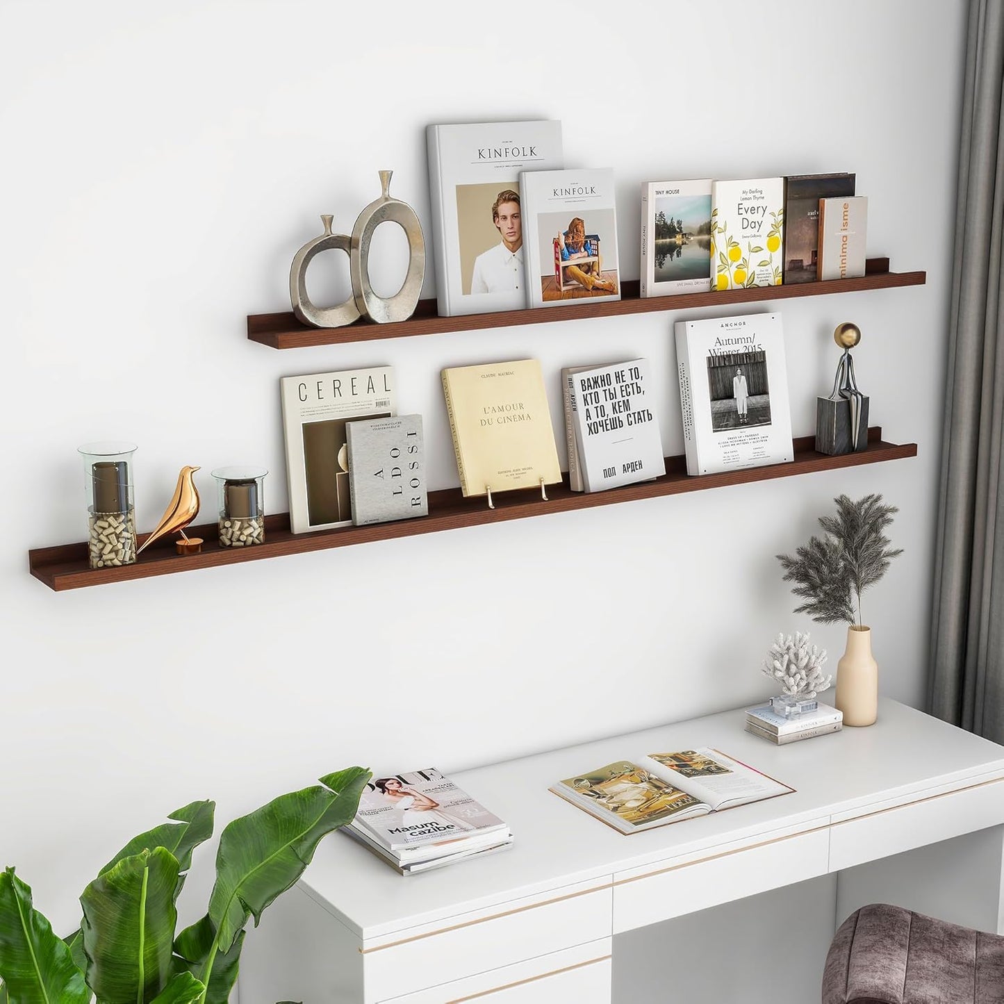 Solid Ash Wood Picture Ledge Shelf, 36 Inch Floating Shelves with Lip Set of 2, Photo Ledge Shelf Nursery Bookshelf Wall Mounted for Living Room Bedroom Decor, Walnut