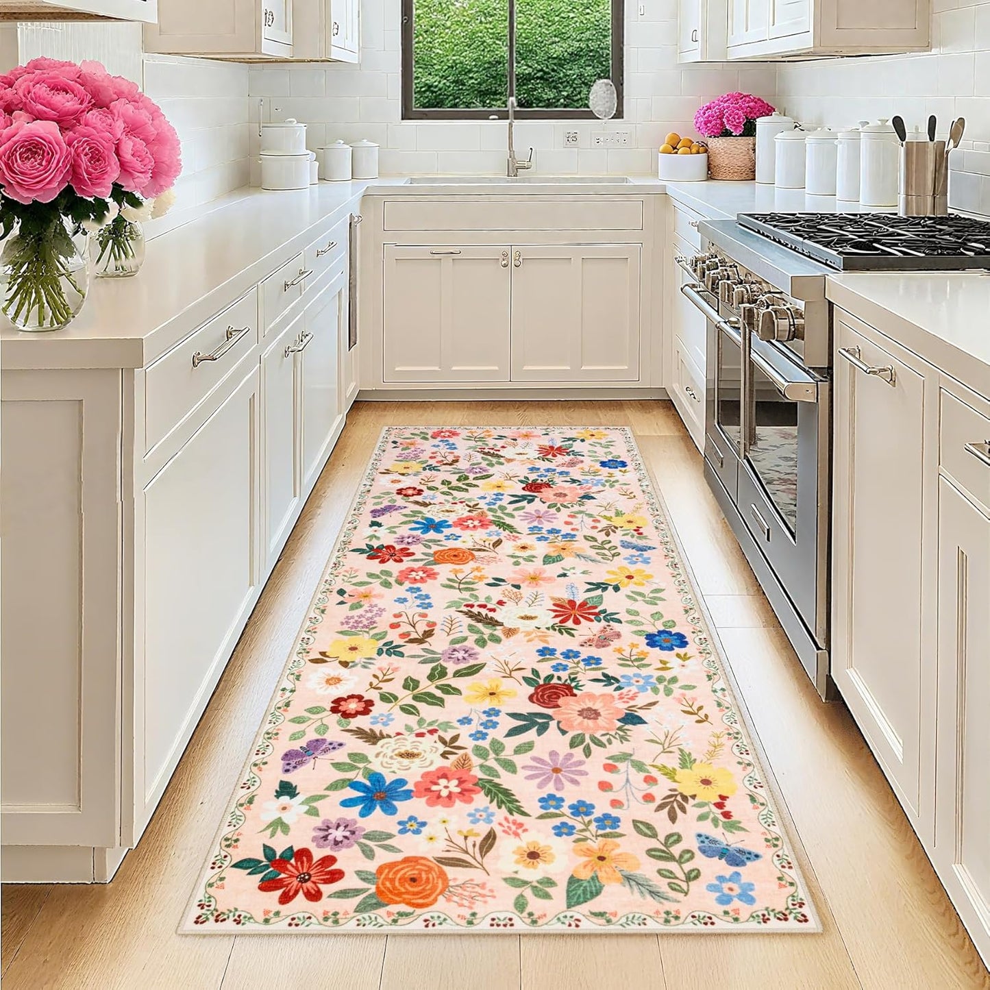 Runner Rug for Entryway: 2x6 Kitchen Rugs Non Slip Washable Ultra-Thin Soft Floral Carpet Indoor Floor Stain Resistant Carpets for Hallway Bedroom Kitchen Laundry Bathroom Dorm Beige