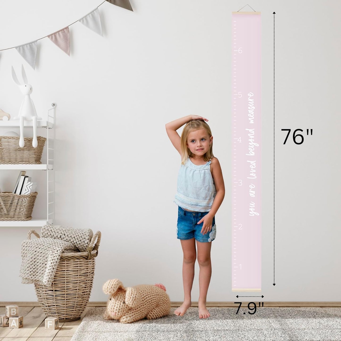 Morxy Canvas Growth Chart for Kids - Unisex Room Wall Decor - Measuring Height Wall Tape (Loved Beyond Measure- Pink)