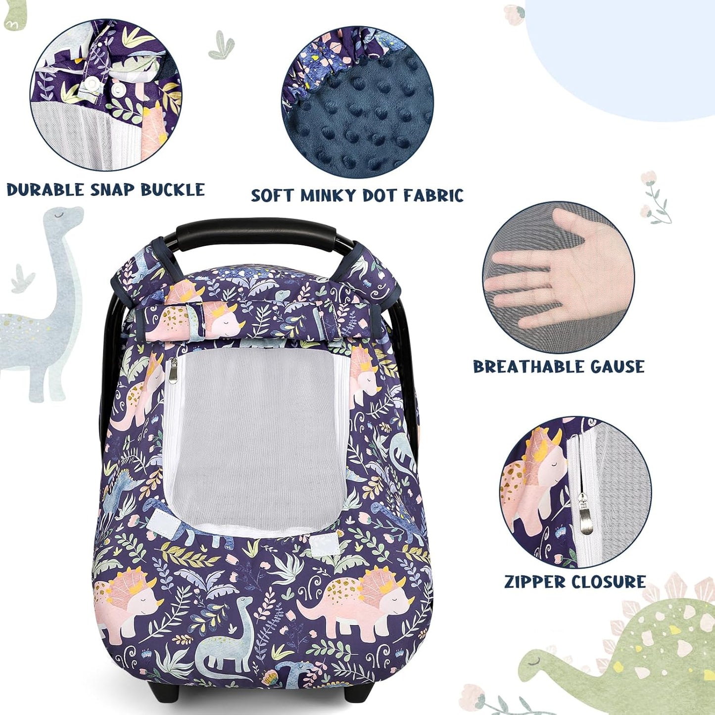 Pea Pod Car Seat Cover Baby, Infant Car Seat Canopy Covers for Newborn with 2 Layers Windows of Breathable Mesh Fabric, Lightweight Polyester/Soft Minky Dot Backing (Dinosaur)