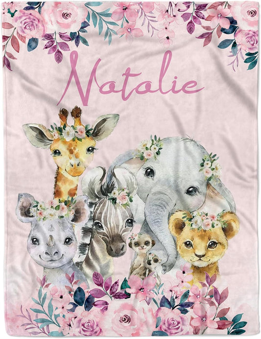Personalized Baby Blanket with Name Custom Animals Blanket for Infant Toddler Newborn Customized for Boy Girl Birthday Christmas