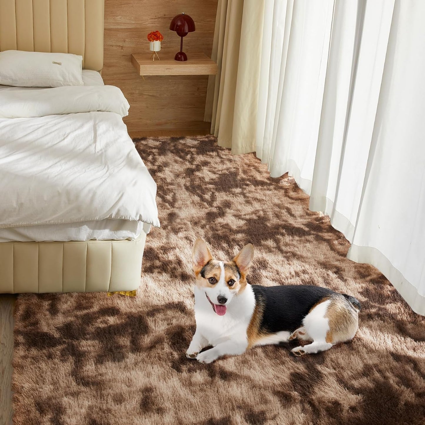 Ultra Soft Rug for Living Room, 4X6 Fluffy Shag Area Rug for Bedroom, Modern Shaggy Carpets Fuzzy Rug for Teens Dorm Nursery Home Decor Aesthetic, Upgrade Anti-Skid Durable, Tie-Dyed Coffee