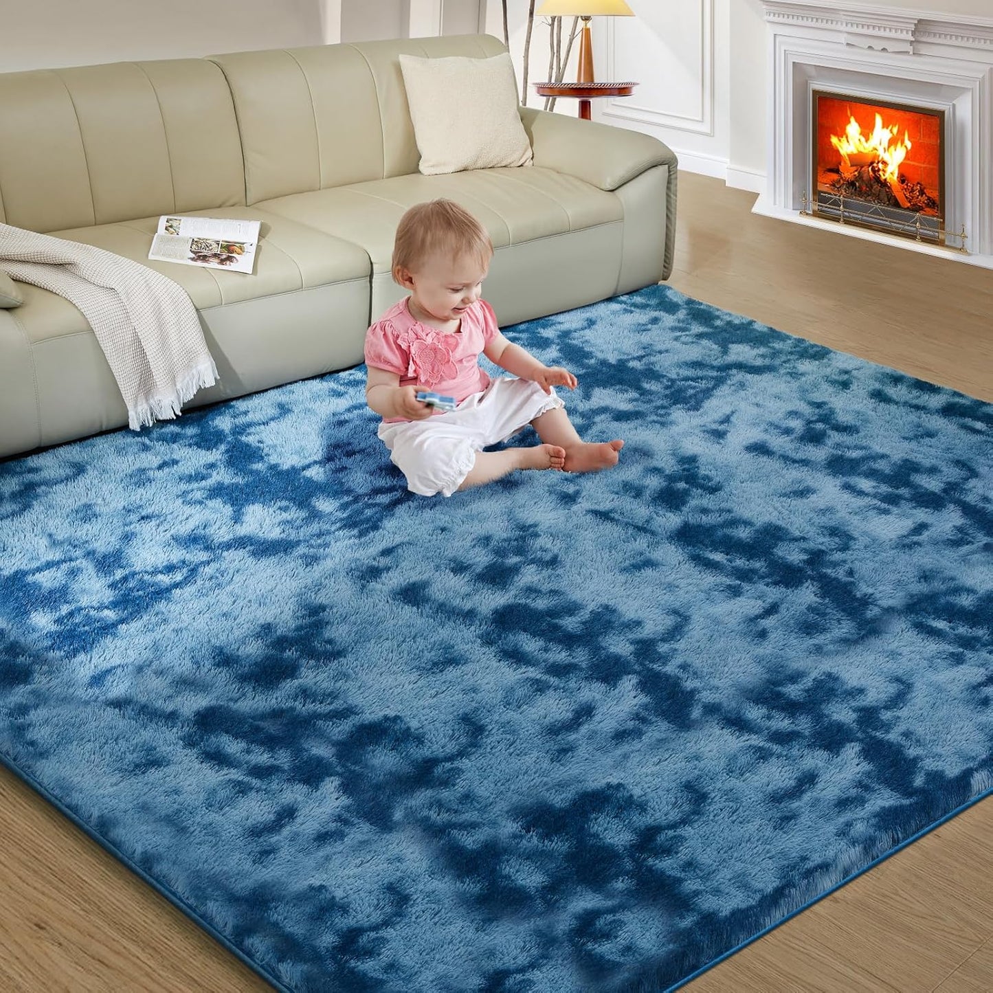 Ultra Soft Rug for Living Room, 8X10 Fluffy Shag Area Rug for Bedroom, Modern Shaggy Carpets Fuzzy Rug for Teens Dorm Nursery Home Decor Aesthetic, Upgrade Anti-Skid Durable, Tie-Dyed Blue Grey