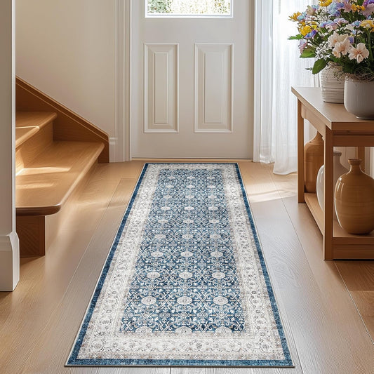 jinchan Runner Rug 2x7 - Machine Washable Dark Blue Vintage Floral Distressed Design Soft Non-Slip Low-Pile Ultra-Thin Runner Rug for Kitchen Hallway Laundry Room Entryway Farmhouse (2‘x7',Dark Blue)