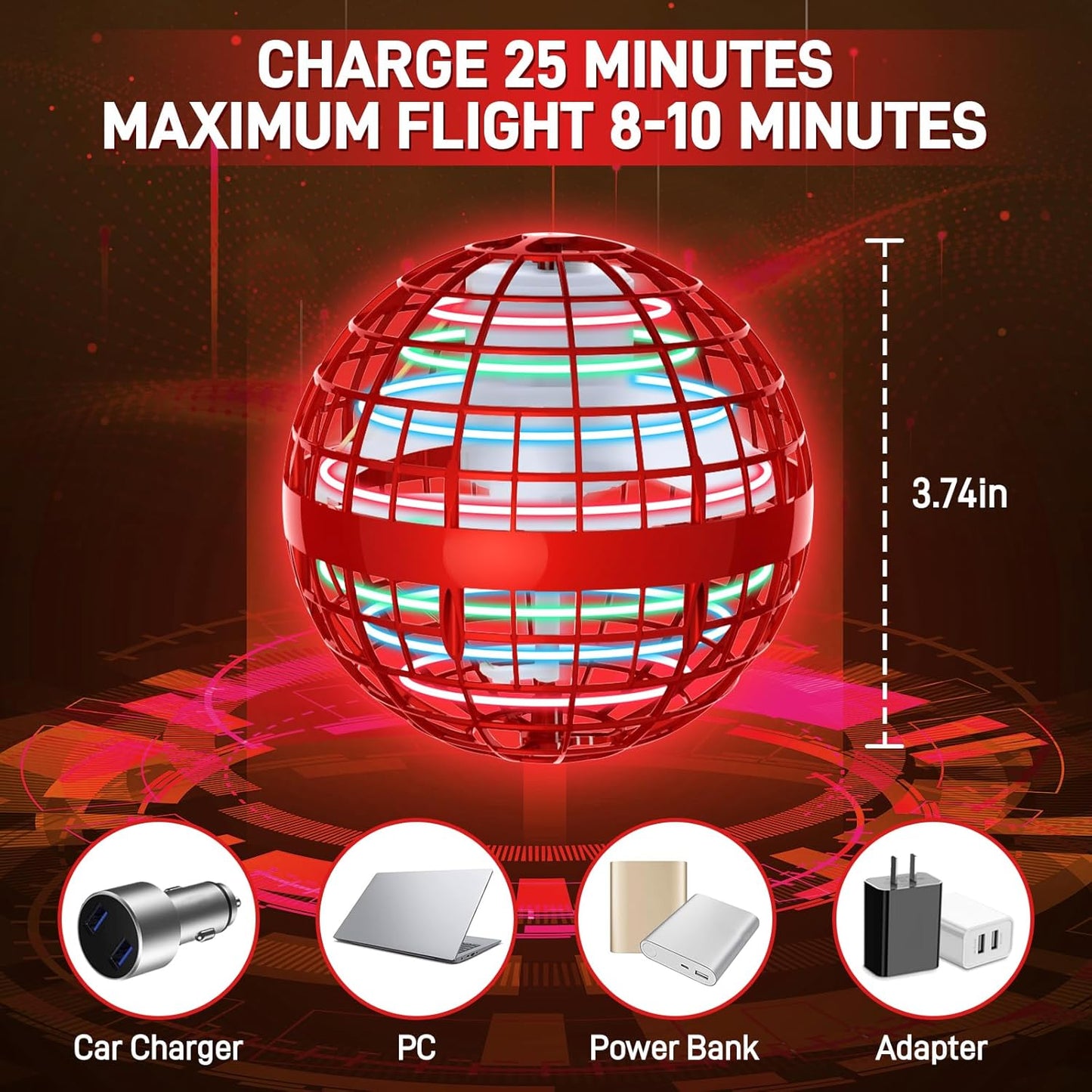 Flying Orb Ball 2024 Upgraded - Hover Orb Magic Light Up Orb Flying Spinner Mini Drone Cosmic Globe for Kids Teens Adults Orbit Ball Flying Ball for Birthday Gift Family Gatherings Christmas (Red)