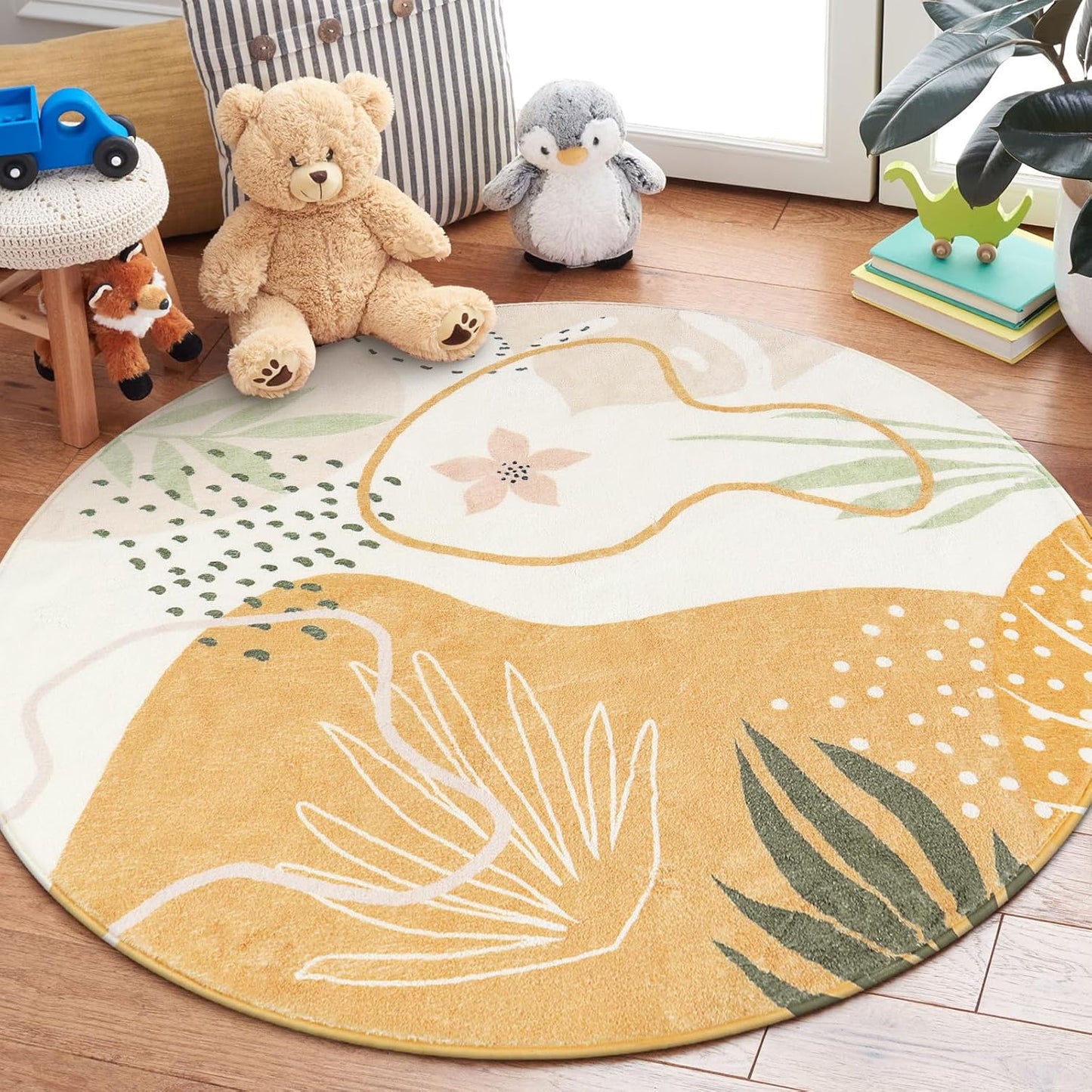 Lahome Boho Washable Round Rugs - 5ft Round Rug Non-Slip Soft Round Rugs for Living Room Throw Ultra-Thin Circle Area Rugs for Dining Room, Botanical Print Round Carpet for Nursery Classroom Office