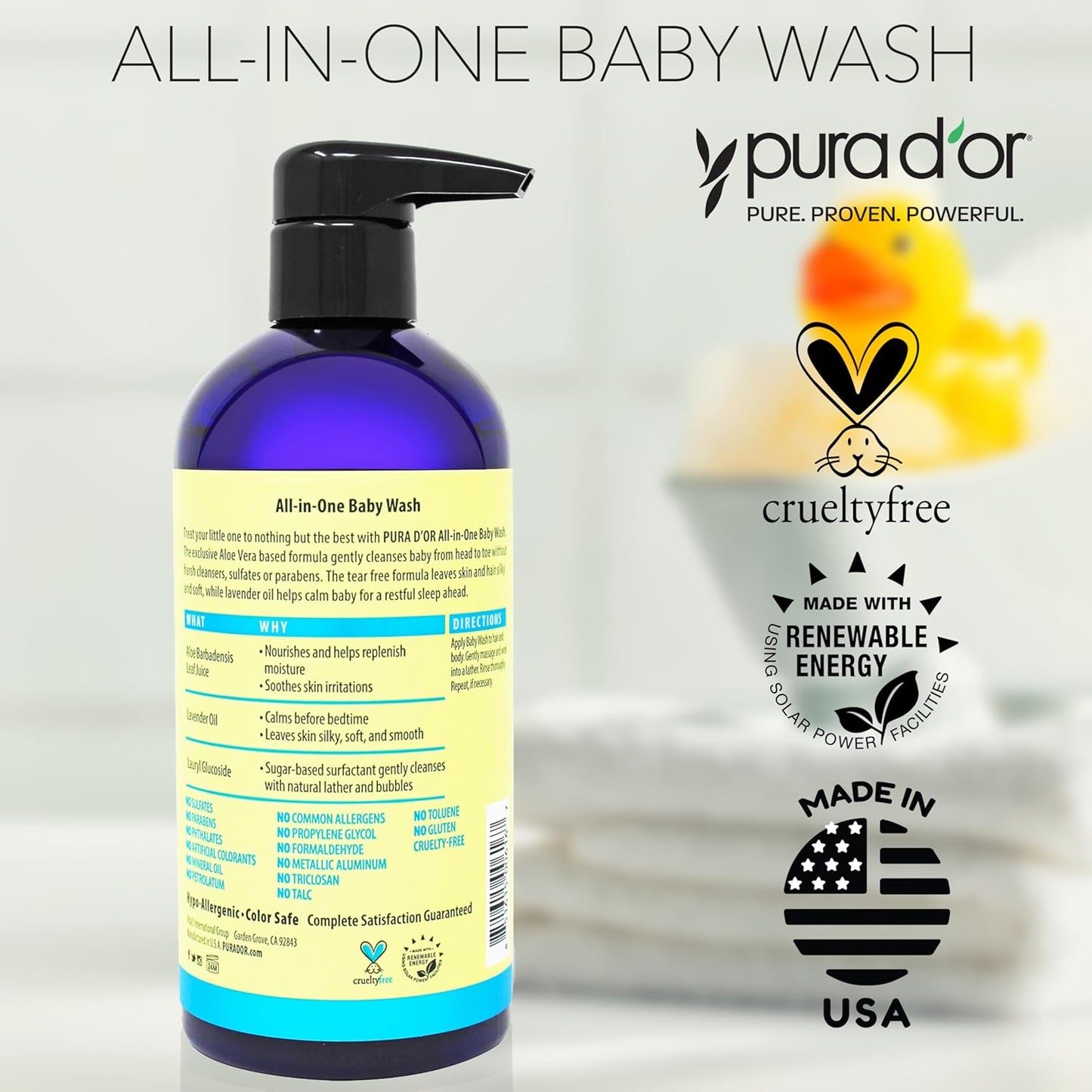 PURA D'OR All-in-One Baby Wash (16 Oz x3 = 48 Oz) USDA Biobased, Zero Sulfates, No Artificial Scents, Tear-Less, Hypoallergenic, Gentle, Calming 2-in-1 Baby Bath Wash & Shampoo