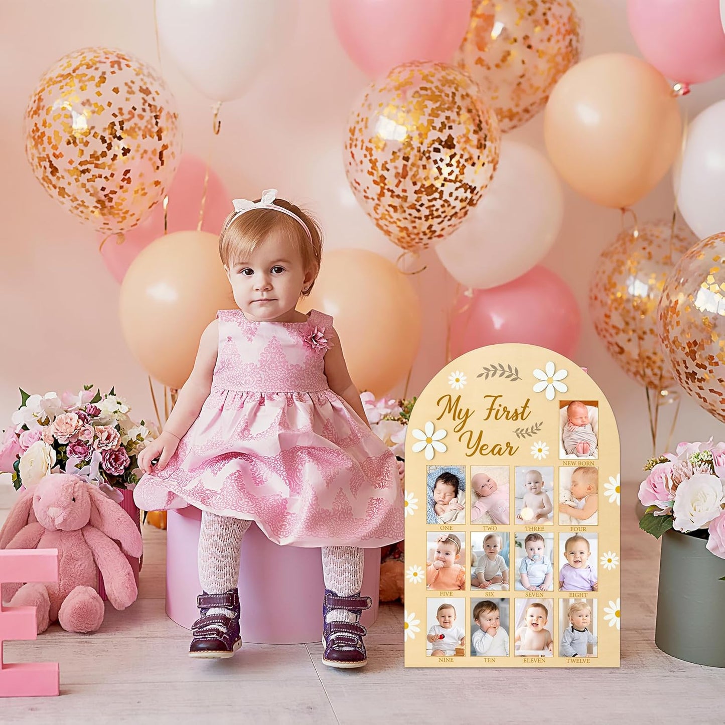 R HORSE My First Year Photo Display Wood Board, 3D Daisy Baby's First Year Picture Frame 12 Months Milestone Board Neutral Baby Keepsake Birthday Nursery Decor Gift for Boy Girl