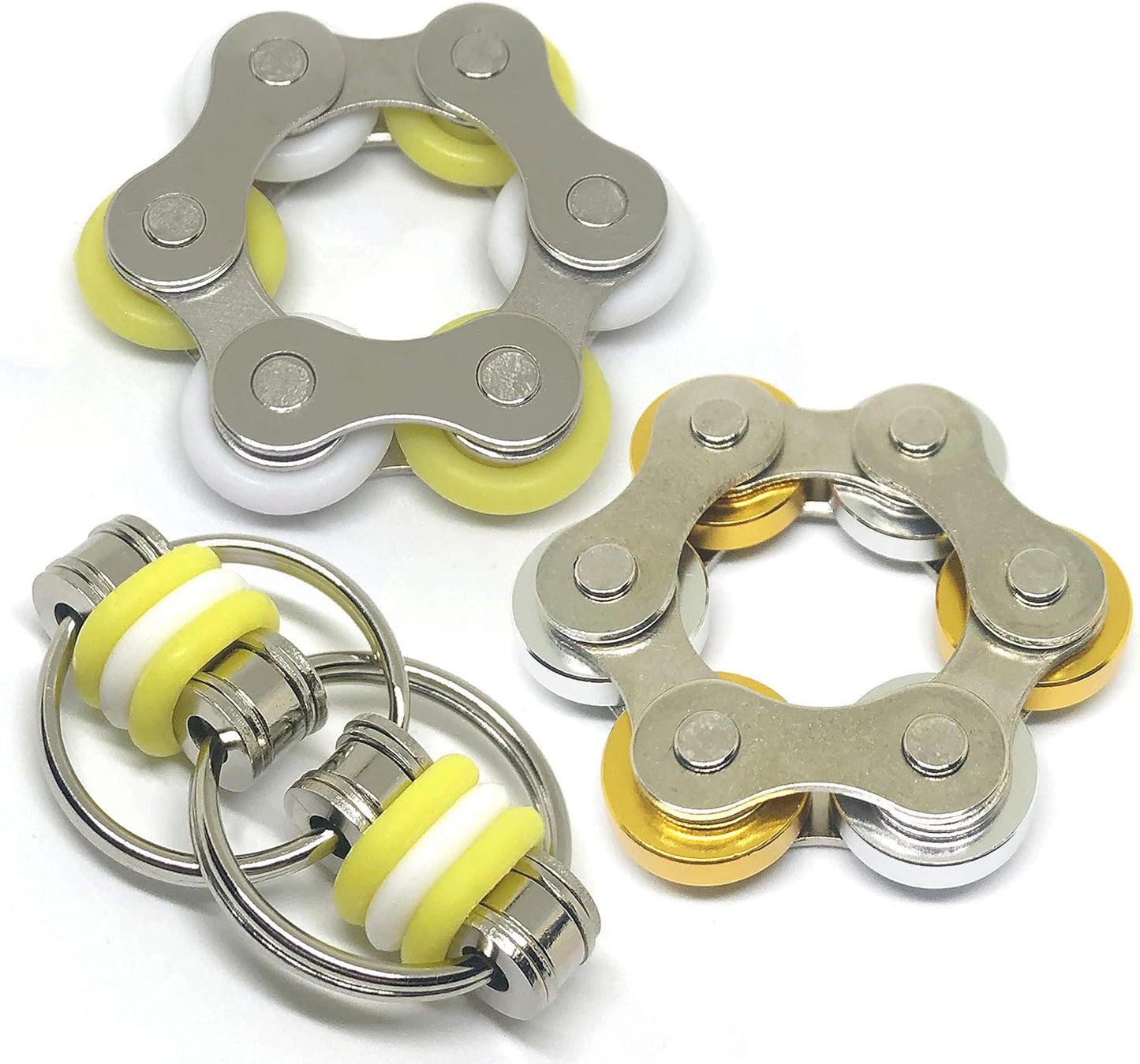 Fidget Roller Chain Toys with Metal and Silicone Rings - Stress Relief Perfect for ADHD, ADD, Anxiety in Office, School Stocking Stuffers Gifts (Yellow, White)