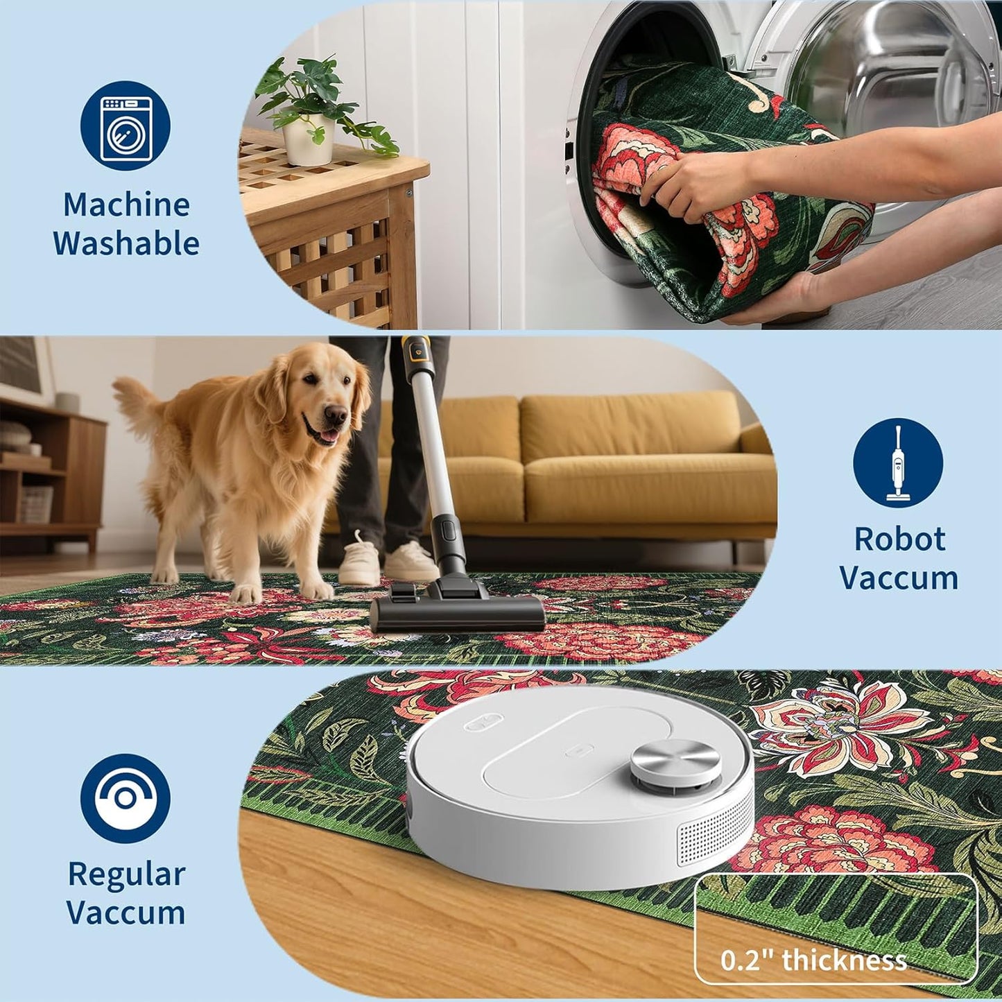 GarveeHome Forest Green Floral Botanical 2x6 Washable Kitchen Runner Rugs Non Slip Vintage Boho Cottage Long Rug for Hallways Bedroom Entryway Bathroom Mat with Rubber Back