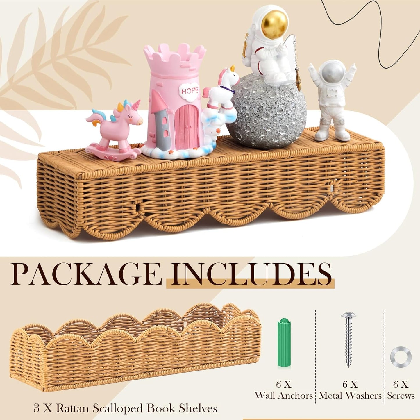 Pinkunn 3 Set Nursery Book Shelves Scalloped Rattan Wall Shelf 15.8 x 3.2 Inch Wall Mounted Plastic Floating Book Shelve, Hanging Boho Wicker Woven Shelf for Nursery Decor and Storage (Natural Wood)