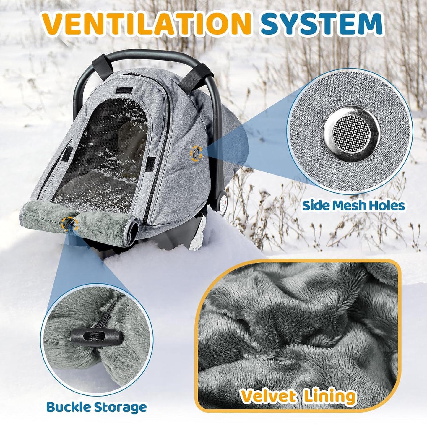 Orzbow Winter Car Seat Cover for Babies, Waterproof Carseat Canopy Cover with Peep Window of Breathable Mesh, Warm and Cozy Baby CarSeat & Carrier Covers for Cold Weather, Machine Washable, Light Grey