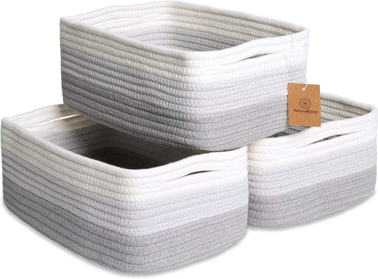NaturalCozy 11.8"x8"x4.5” Rectangle Storage Baskets for Shelves 3 Pack | Cotton Rope Woven Small Baskets for Organizing | Small Storage Bins for Nursery, Bathroom, Closet, Shelf, Decorative, Gift