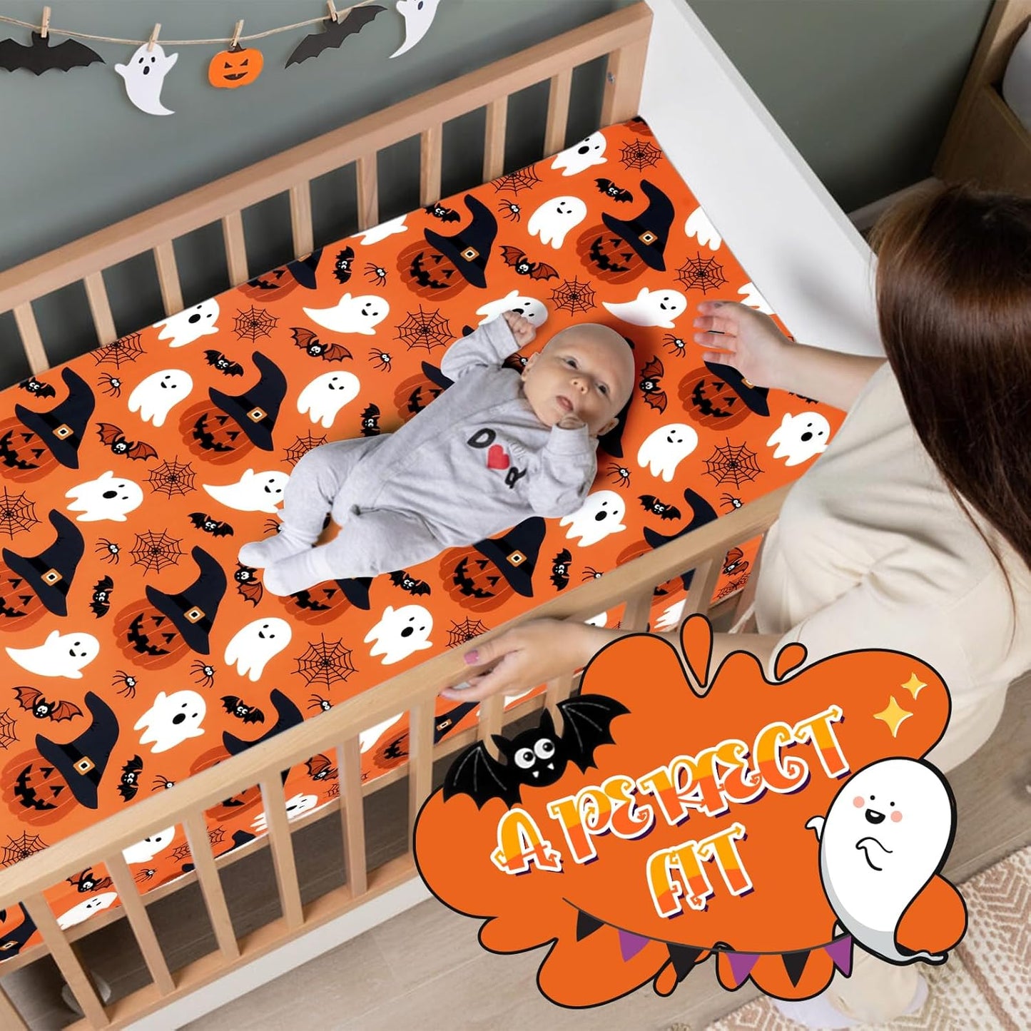 UOMNY Halloween Pumpkin Crib Sheet for Boys Girls Halloween Fitted Crib Sheets for Standard Crib 52 X 28 Inch Toddler Crib Mattresses Sheet