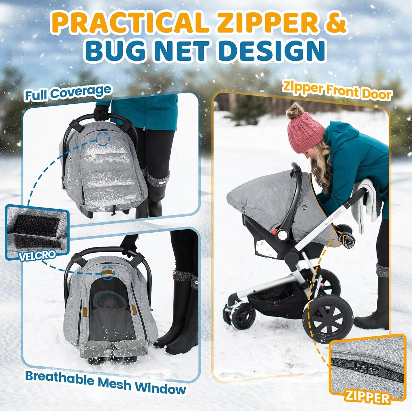 Orzbow Winter Car Seat Cover for Babies, Waterproof Carseat Canopy Cover with Peep Window of Breathable Mesh, Warm and Cozy Baby CarSeat & Carrier Covers for Cold Weather, Machine Washable, Light Grey