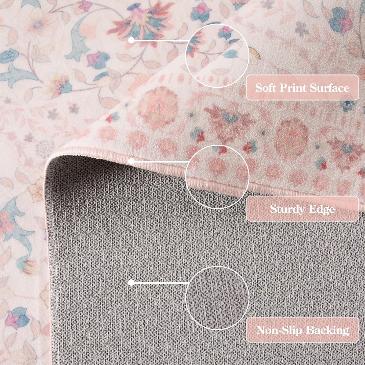 Wonnitar Floral 5x7 Washable Nursery Rug, Pink Rugs for Bedroom Girls, Boho Ultra-Thin Soft Non Slip Floor Carpet for Dorm Living Room Playroom Home Decor, Pastel Pink