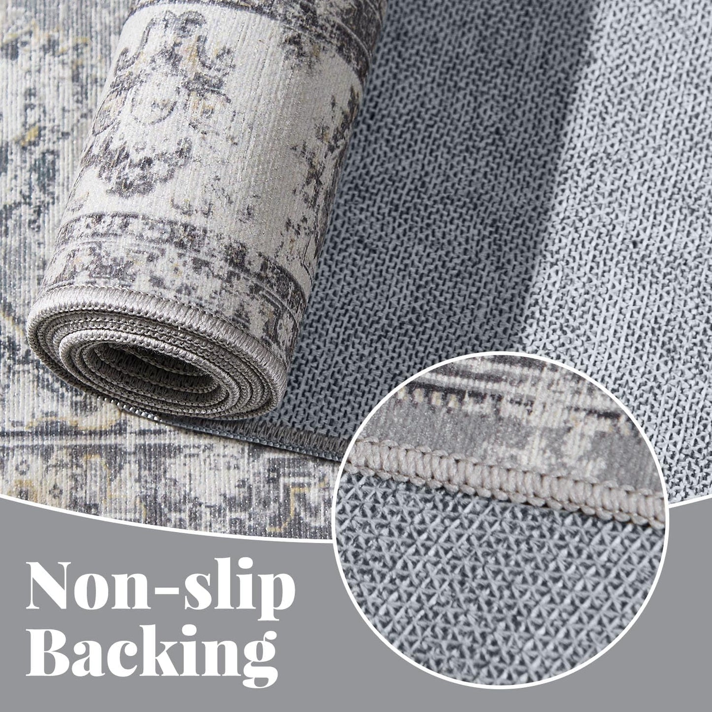 jinchan Runner Rug 2x7 Machine Washable Hallway Rug Grey Vintage Floral Print Non-Slip Low Pile Ultra-Thin for Kitchen,Entryway,Laundry Room,Bedroom,Farmhouse (2‘x7’,Grey)
