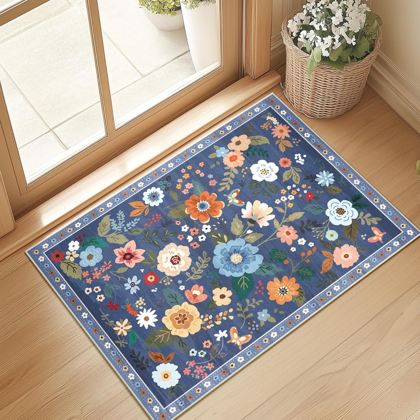 Floral 2x3 Area Rug Machine Washable Soft Print Boho Carpet Non Slip Doormat Low Pile Flower Area Rugs for Living Room Bedroom Nursery Kitchen Dining Room Indoor-Blue/Grey