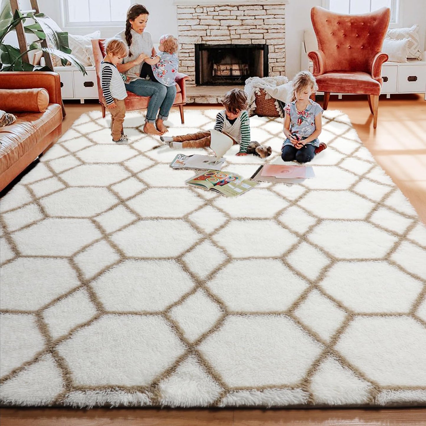 ONASAR Large Living Room Area Rug 6x9, White and Beige Geometric Rugs Floor Mat for Bedroom Home Decor Aesthetic, Soft Fuzzy Shaggy Plush Fluffy Moroccan Carpet for Dorm Classroom Farmhouse