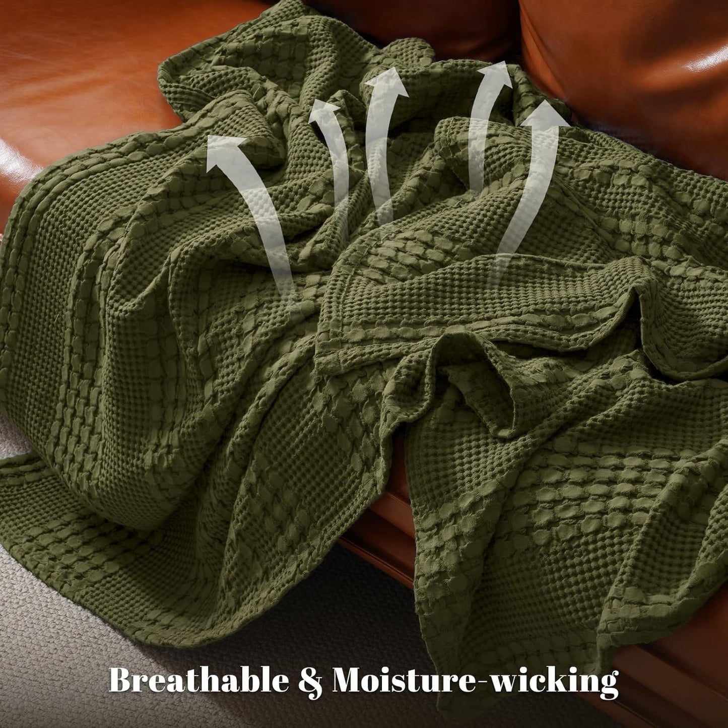 PHF 100% Cotton Waffle Weave Throw Blanket, Soft Lightweight Breathable Cozy Summer Throws for Couch Bed Sofa, Luxury Aesthetic Woven Blanket for Home Decor & Office, 50"x60", Capulet Olive