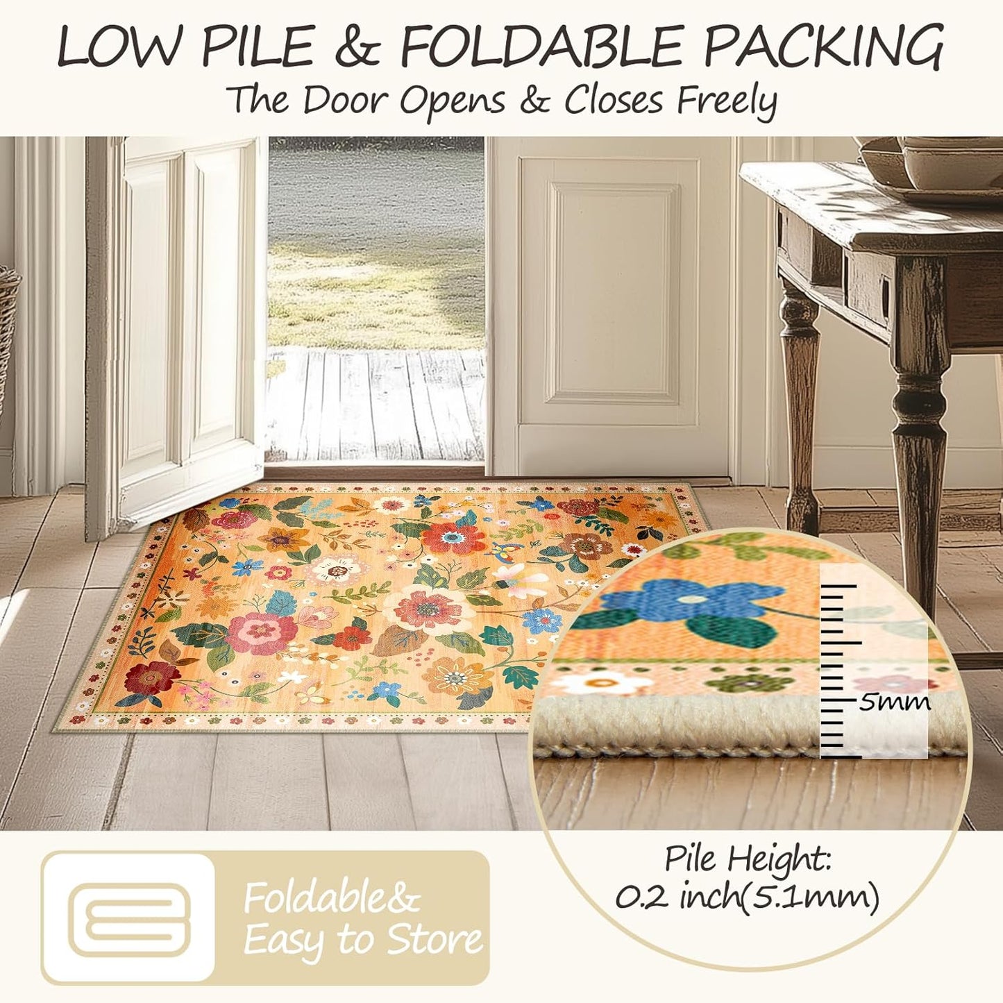 Floral 5x7 Area Rug Machine Washable Soft Print Boho Carpet Non Slip Doormat Low Pile Flower Area Rugs for Living Room Bedroom Nursery Kitchen Dining Room Indoor-Yellow/Orange