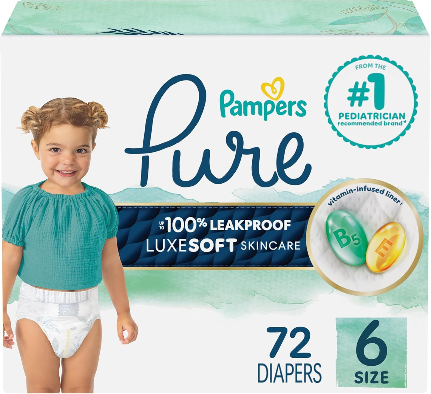 Pampers Baby Diapers - Pure Protection - Size 6, 72 Count, for up to 100% Leakproof, Premium Plant-based Skin Protection