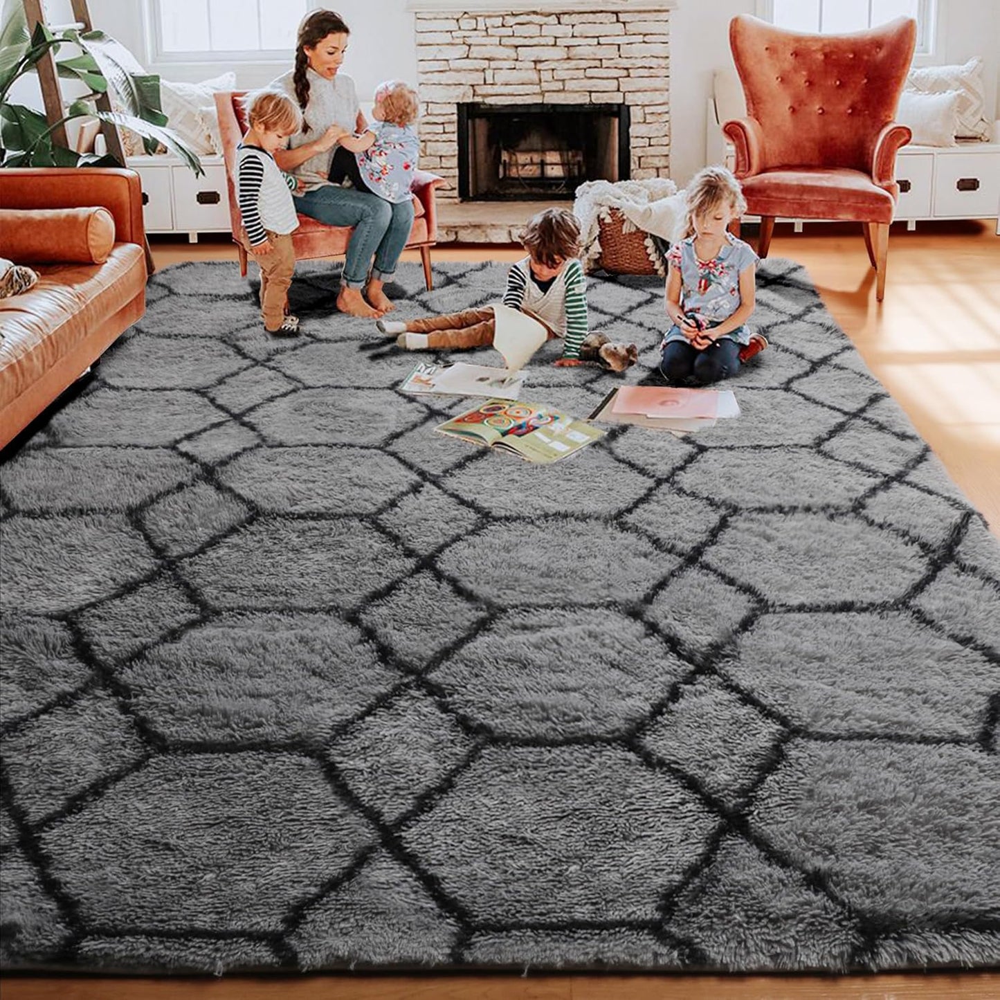 ONASAR 7x9 Area Rugs for Living Room Bedroom, Washable Large Fluffy Grey and Black Throw Rug, Geometric Soft Plush Shaggy Floor Carpet for Nursery Kids Girls Boys Teen Dorm Home Decor Aesthetic