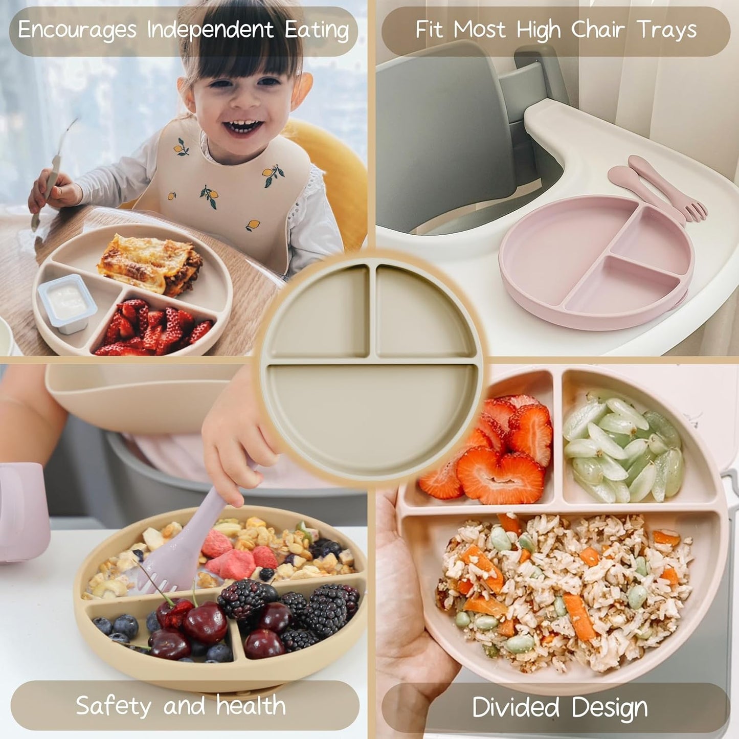 Moonkie Suction Plates for Baby | 100% Silicone BPA-Free Baby Plates with Lids and Food Cover | Divided Design | Microwave and Dishwasher Safe | Toddler Plates 3 Pack