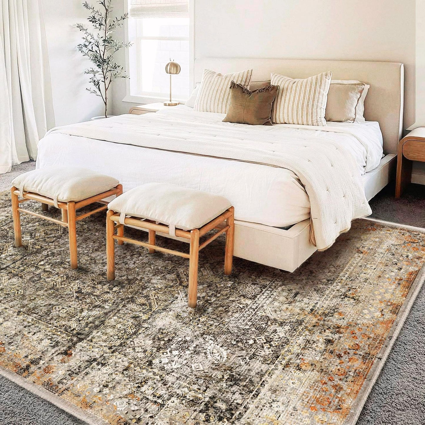 Area Rug 3'x5' Washable Vintage Traditional Floor Cover Foldable Thin Retro Accent Indoor Distressed Non Slip Carpet Floral Print Mat for Bedroom Living Room Bathroom
