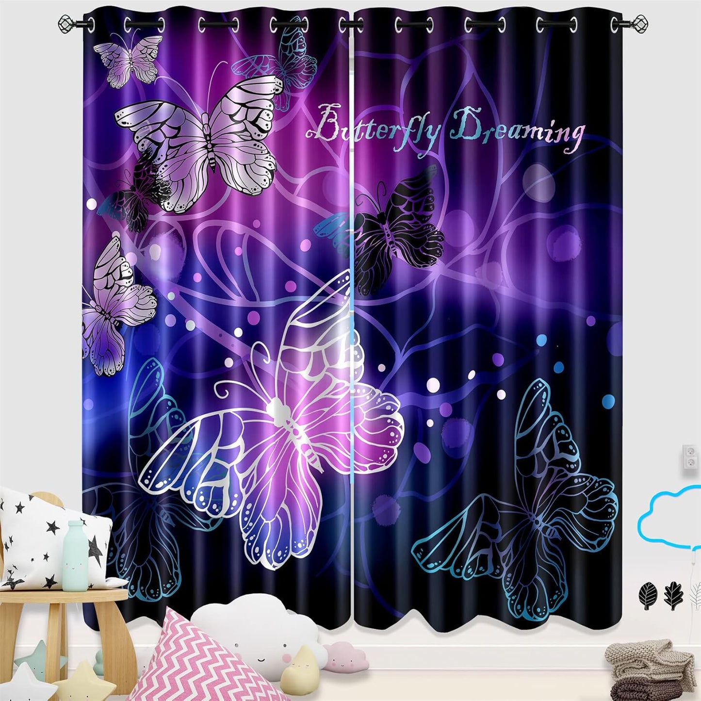 Butterfly Window Curtain Panels Purple Blackout Girls Curtains for Bedroom 2 Panels Curtains 84 inch Length for Girls Bedroom Nursery Room Grommet Top Thermal Insulated Curtains, 82" x 84"
