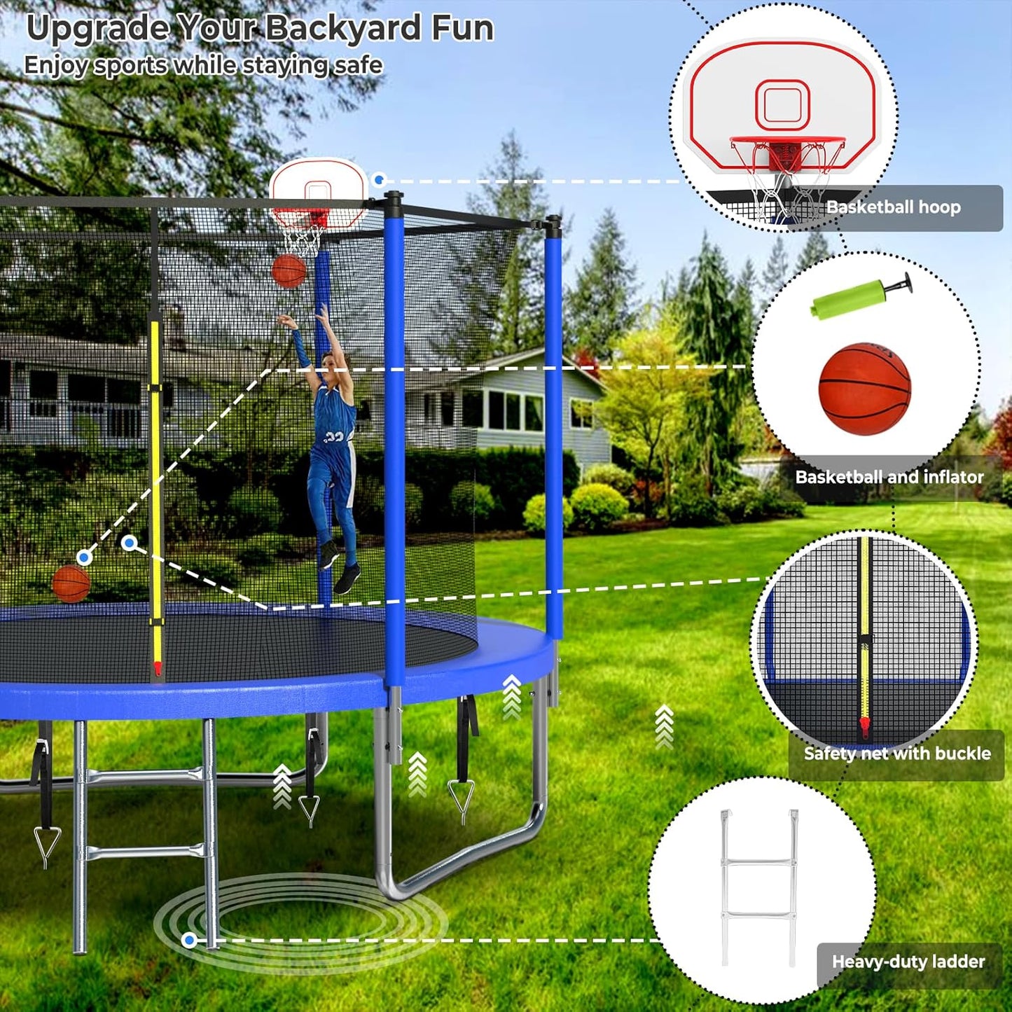 Upgraded 10/12/14/15/16FT Trampoline Outdoor, Large Kids Trampoline with Light, Stakes, Sprinkler, Backyard Trampoline with Basketball Hoop and Net, Capacity for 4-6 Kids and Adults